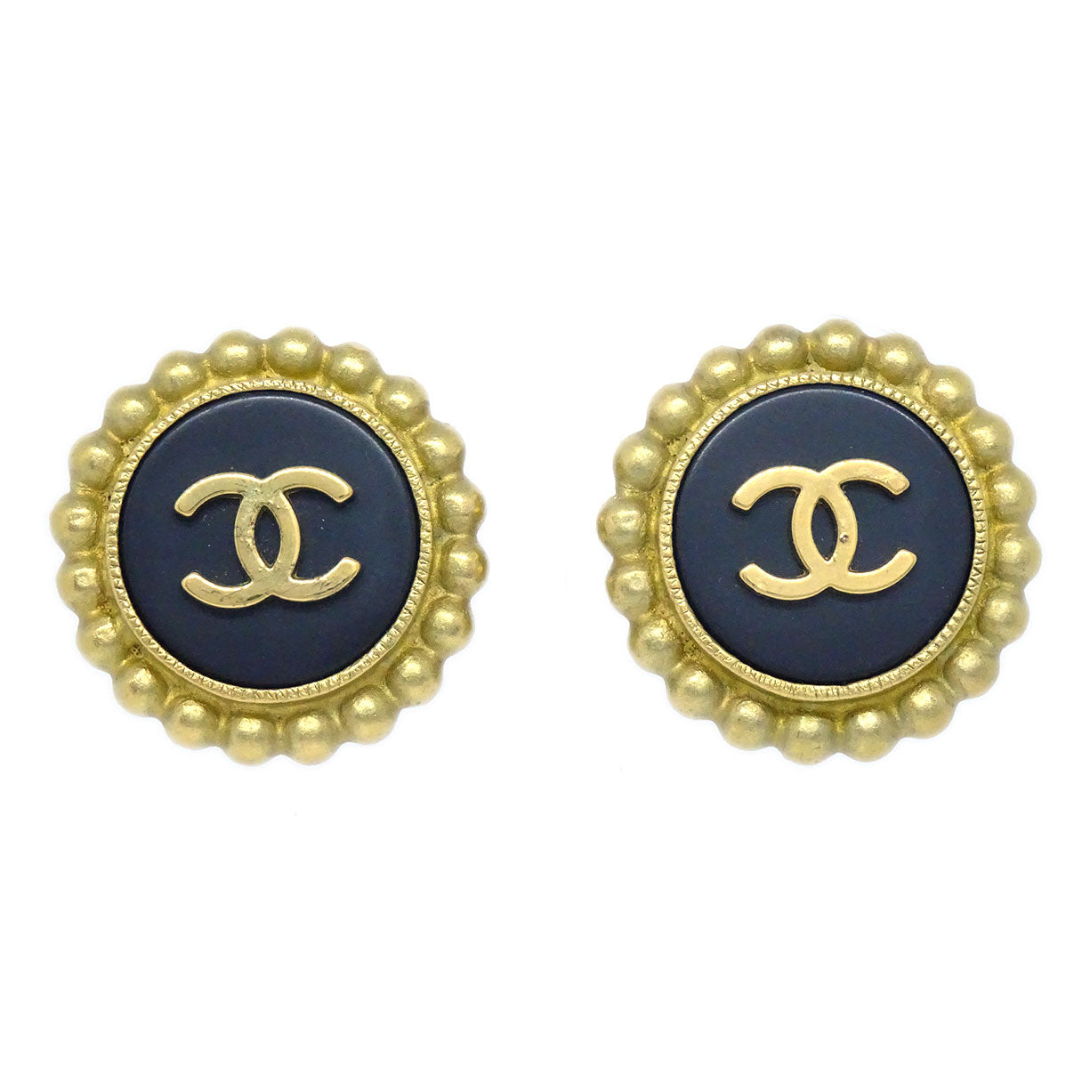 CHANEL Button Earrings Gold Black 94A 73732