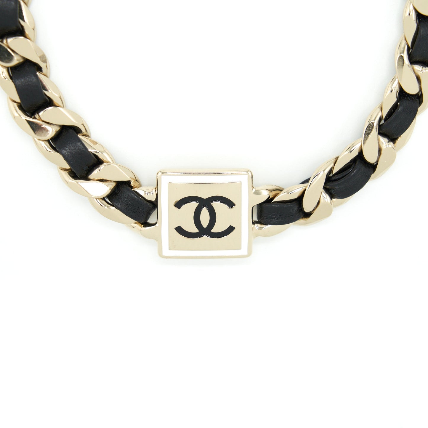 Chanel Square CC Choker Light Tone Black Gold Leather Handbag