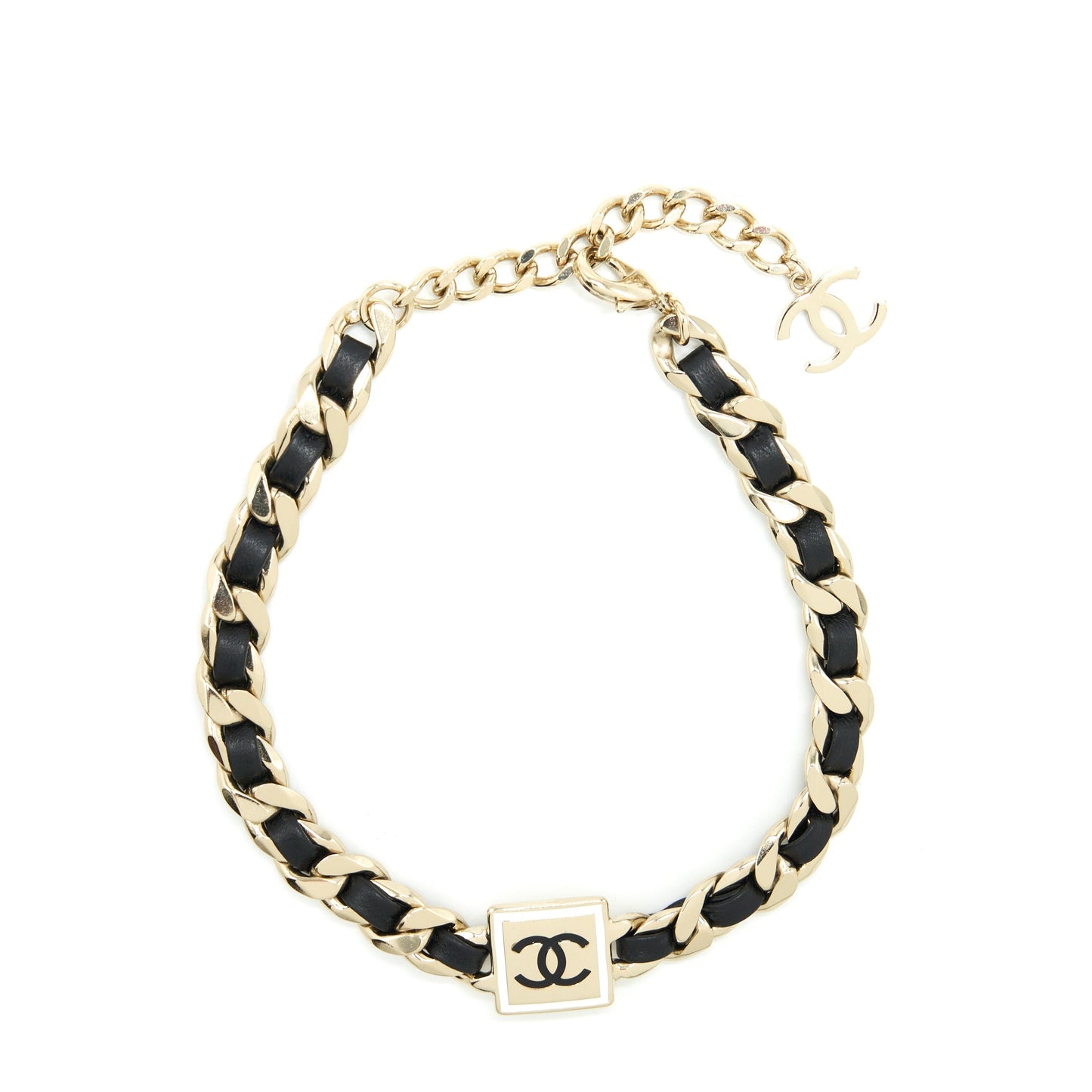 Chanel Square CC Choker Light Tone Black Gold Leather Handbag