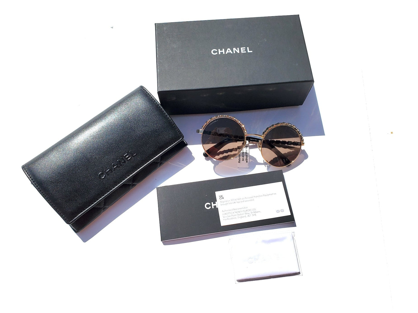 Chanel New in Stores Now 4265Q Round Gold Black Metal Leather Sunglasses