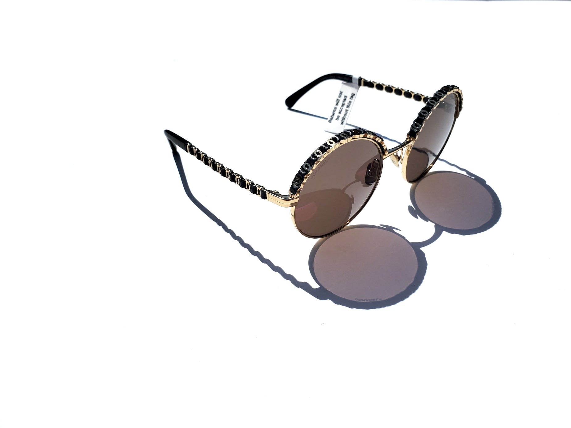 Chanel New In Stores Now 4265Q Round Gold Black Metal Leather Sunglasses Bag