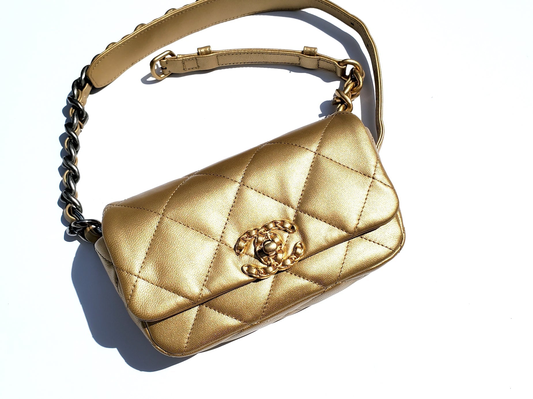Chanel 19 Metallic Gold Goatskin Quilted Waist Belt Bag