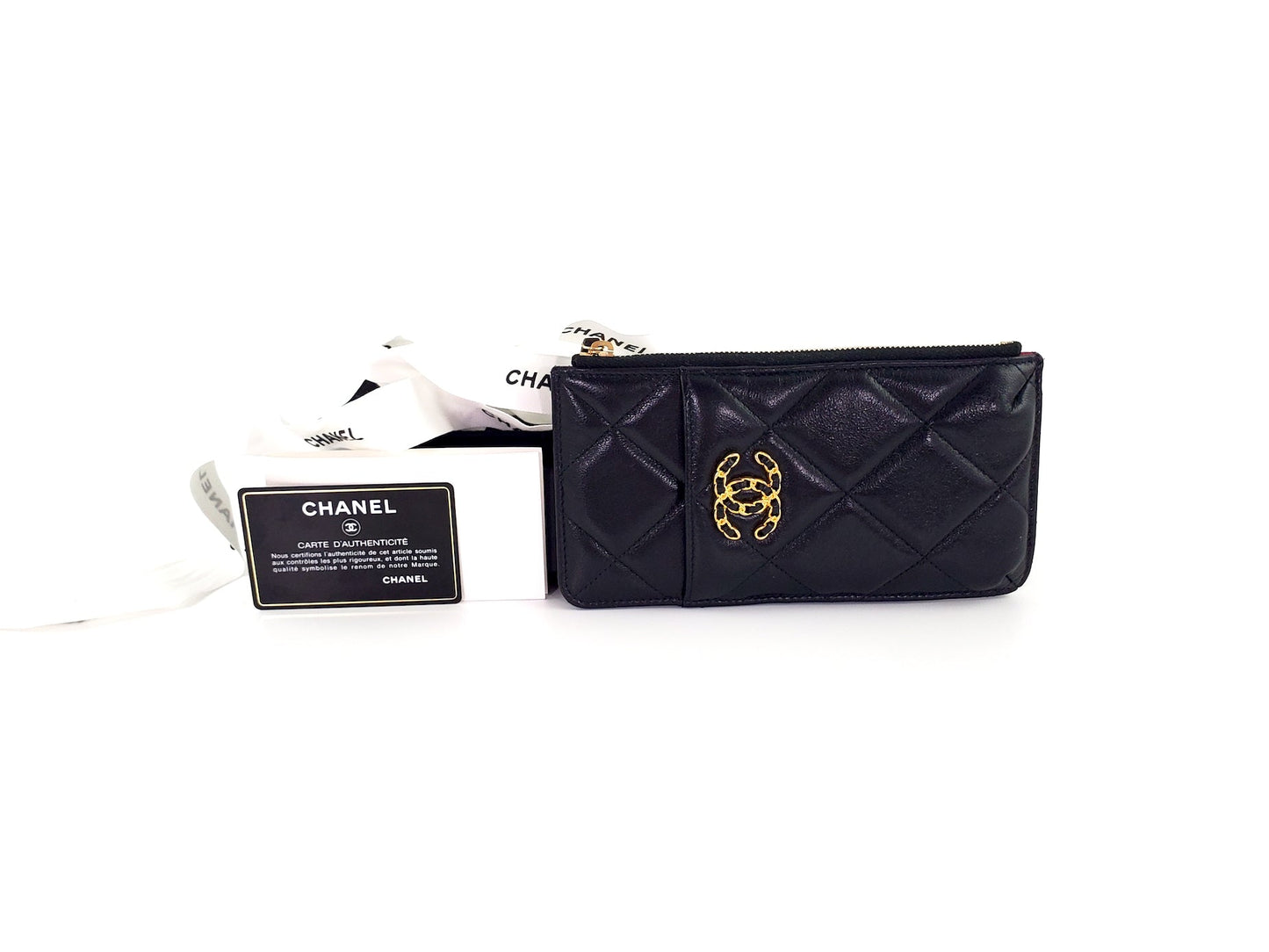 Chanel 19 2020 Black Goatskin Quilted Phone Card Holder Handbag