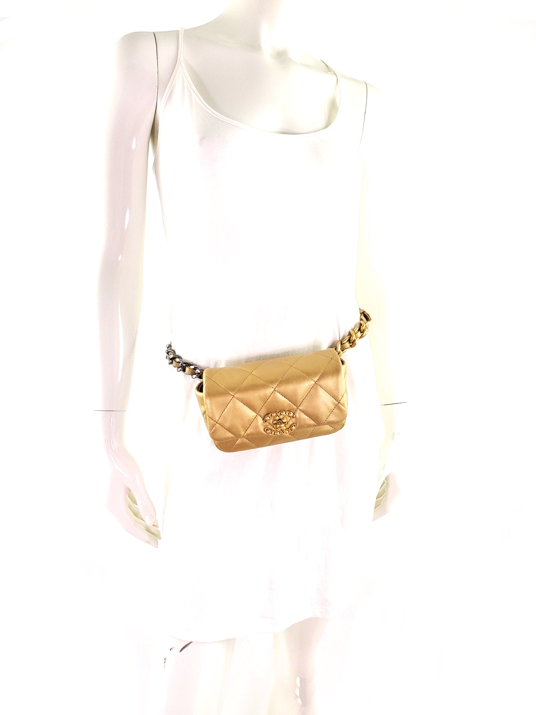 Chanel 19 Metallic Gold Goatskin Quilted Waist Belt Bag