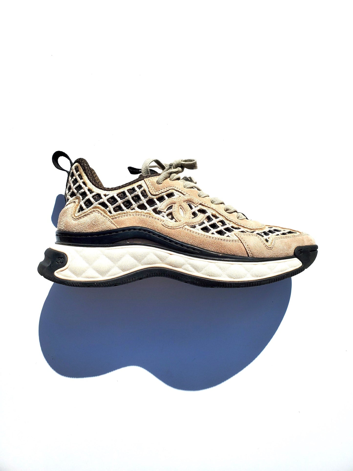 Chanel 2021 Beige Suede Perforated Logo Sneakers 37.5 for Women