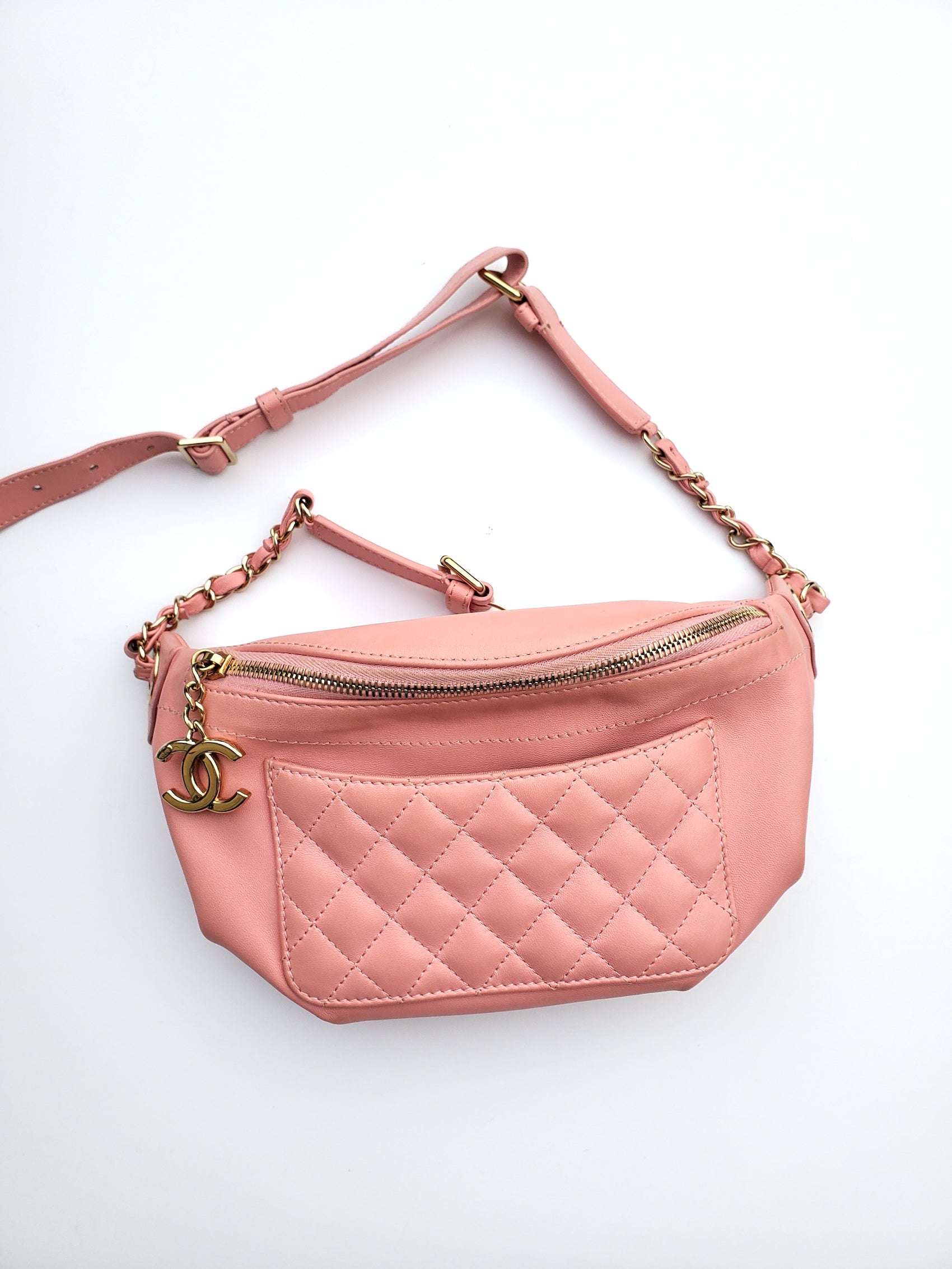 Chanel Pink Leather Cc Quilted Bi Waist Bag