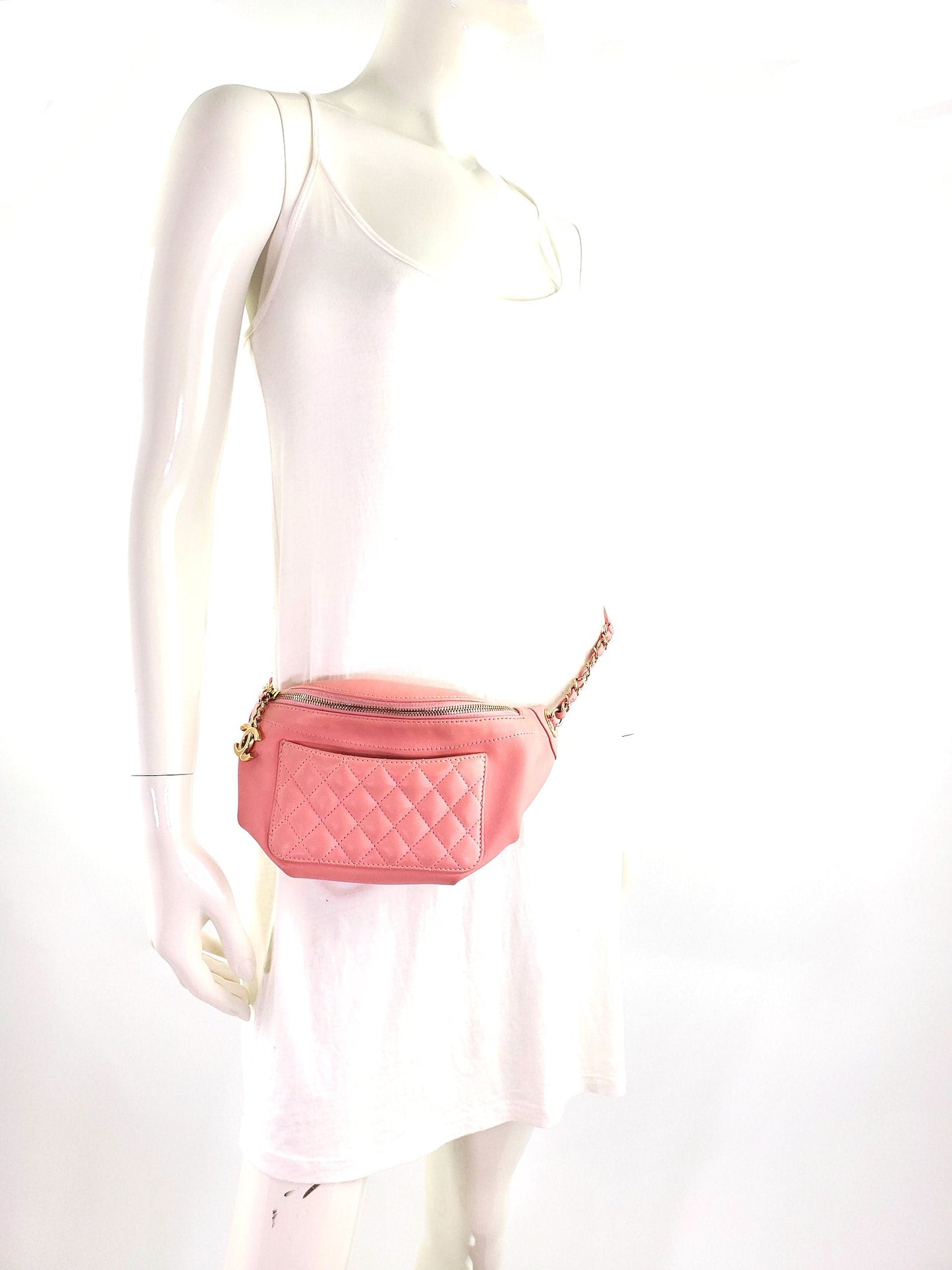Chanel Pink Leather Cc Quilted Bi Waist Bag