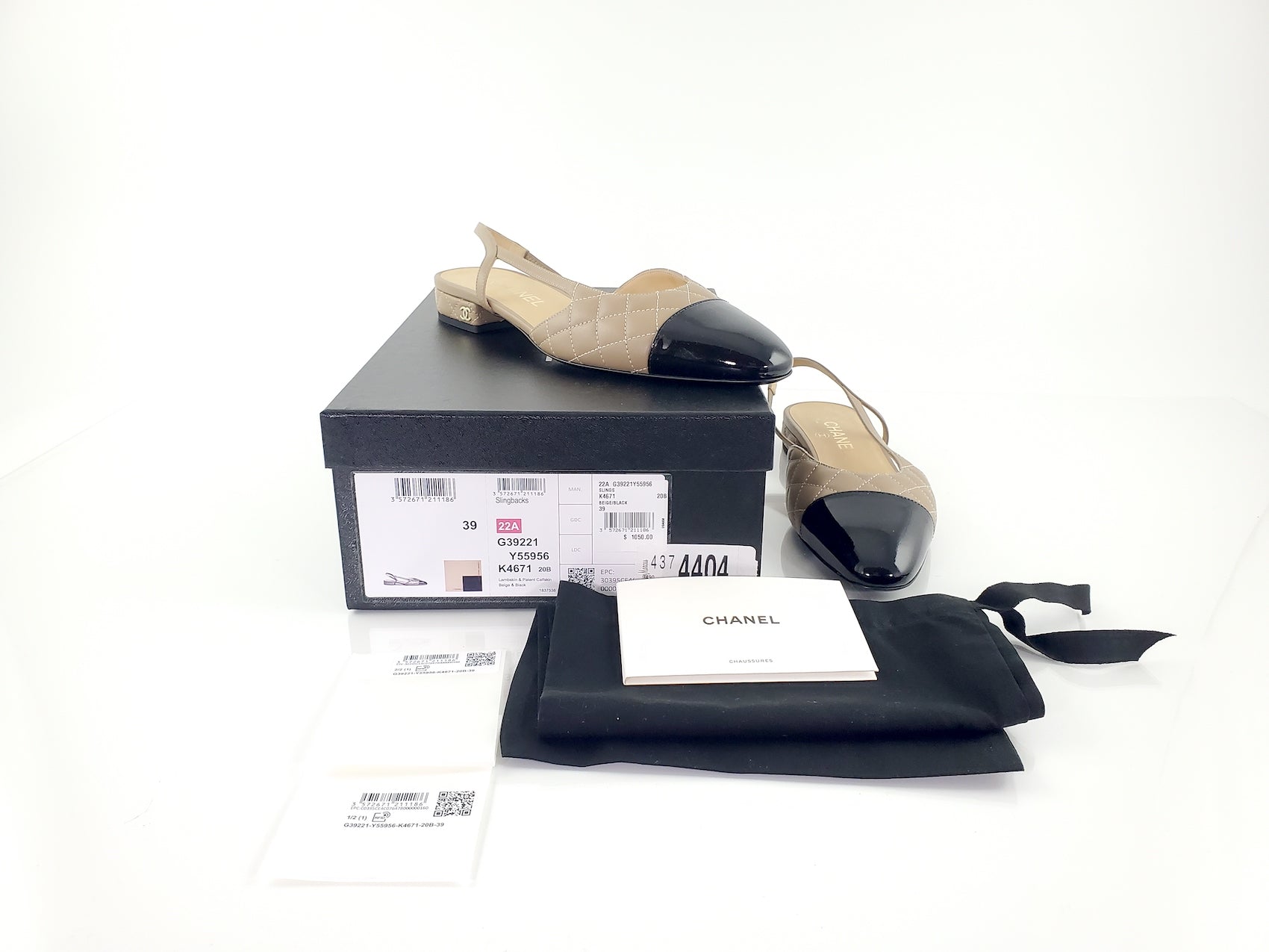 Chanel New 22A Bi Color Beige Black Patent Slingbacks 39 Women Shoes