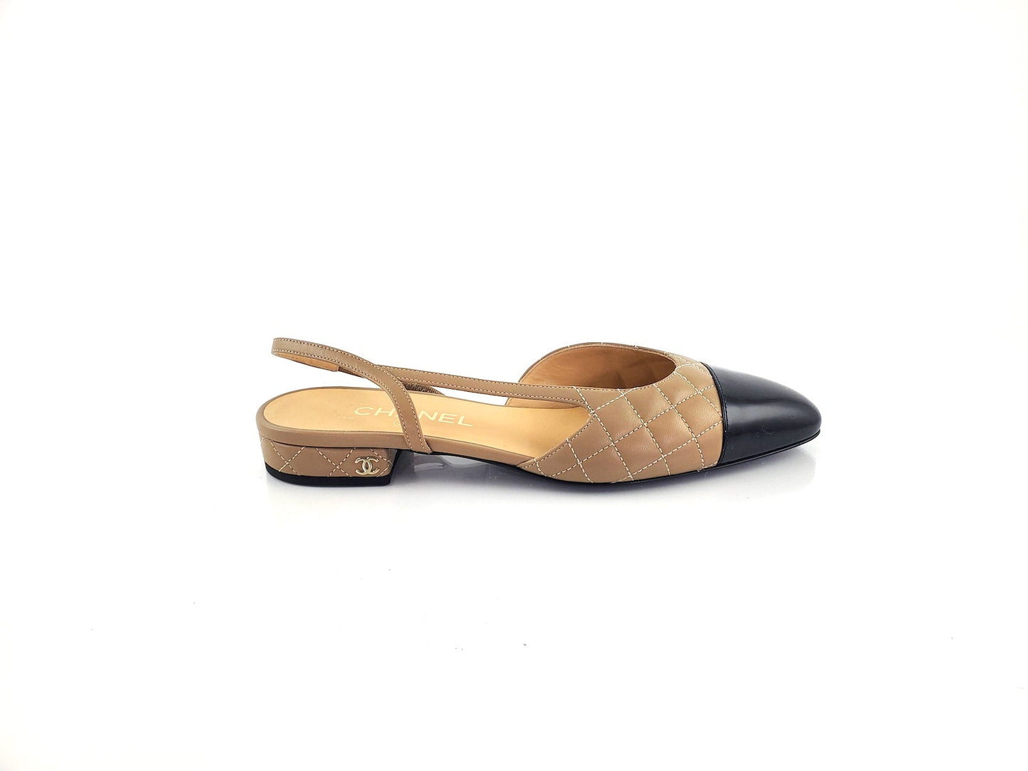 Chanel New 22A Bi Color Beige Black Patent Slingbacks 39 Women Shoes