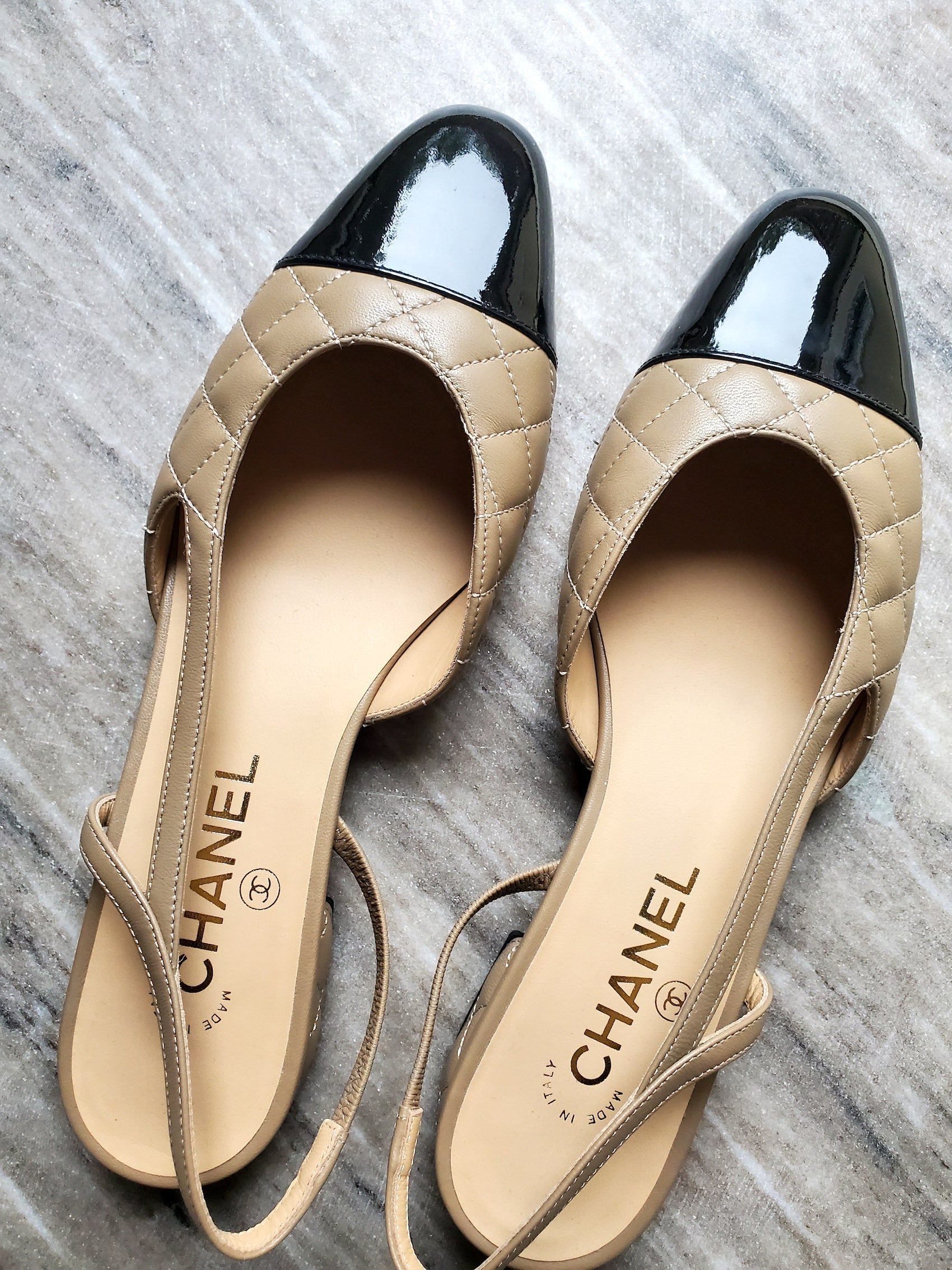 Chanel New 22A Bi Color Beige Black Patent Slingbacks 39 Women Shoes