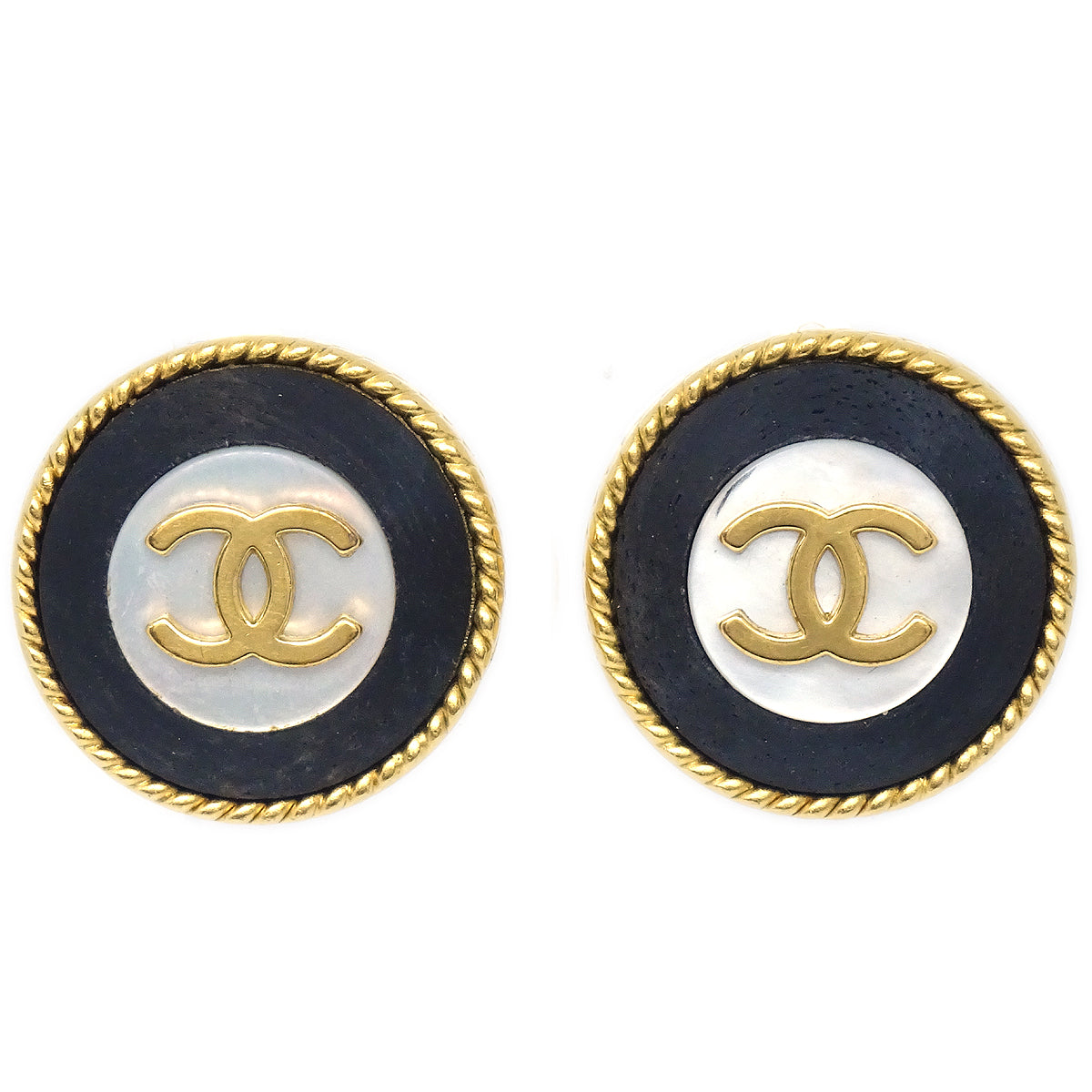 CHANEL Button Shell Earrings Black Clip-On 96A 96470