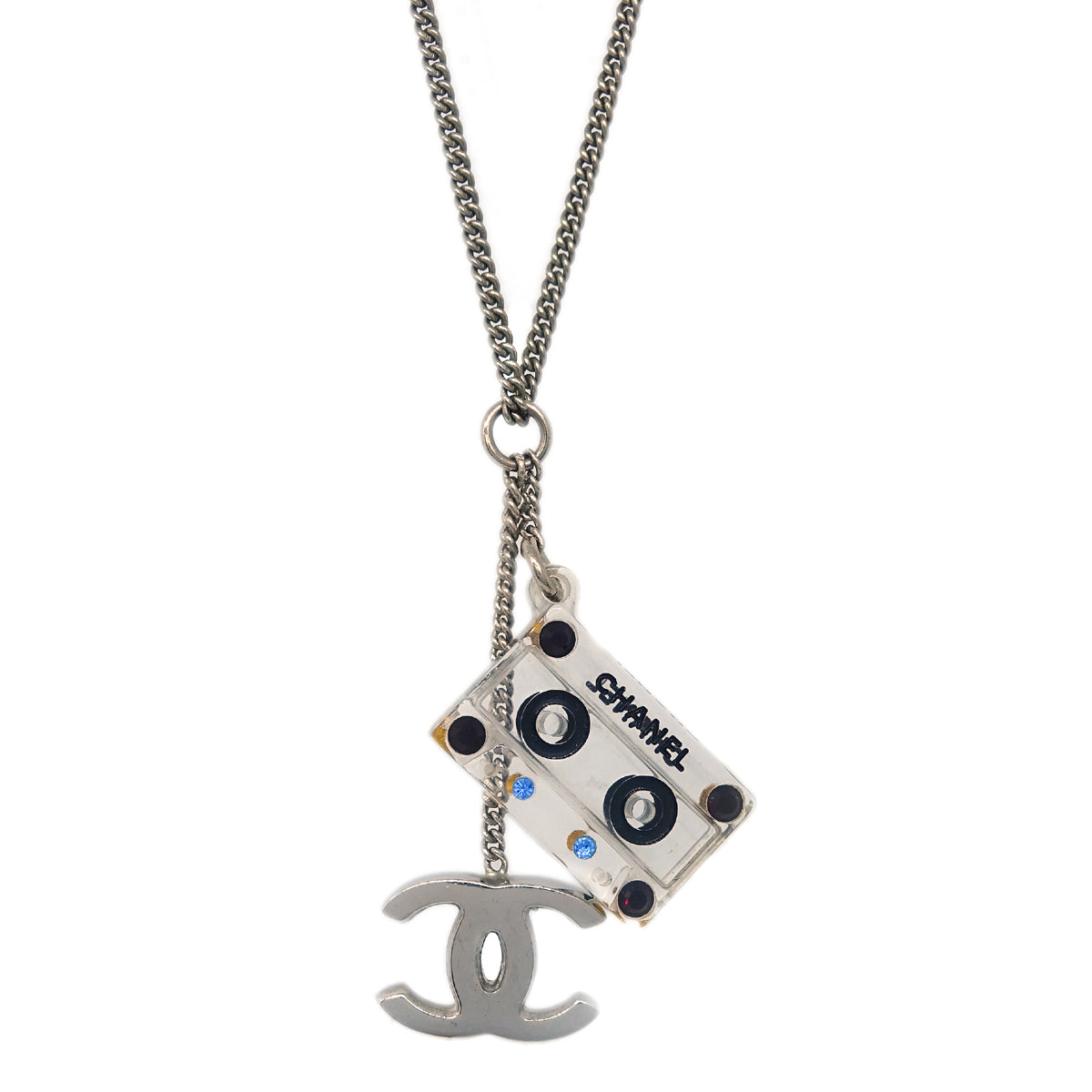 Chanel CC Cassette Tape Chain Pendant Necklace Rhinestone Silver 04P