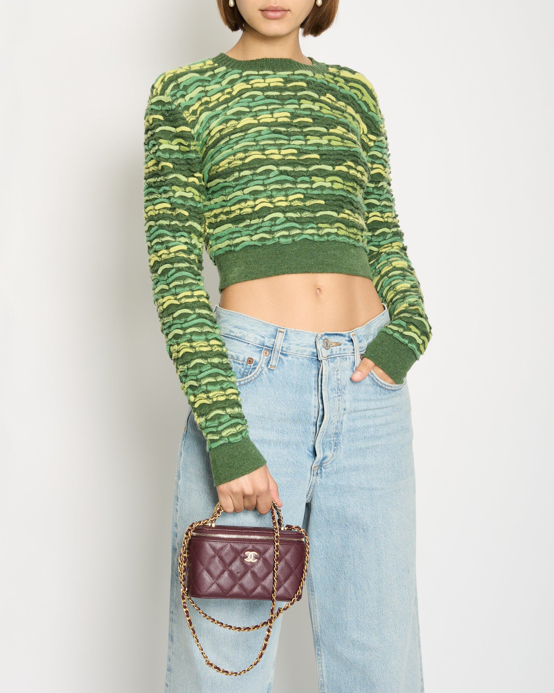 Chanel *Hot* 14K Green Cropped Jacquard Jumper With Cc Detail Size Fr 36 (Uk 8) Rrp £ Bag