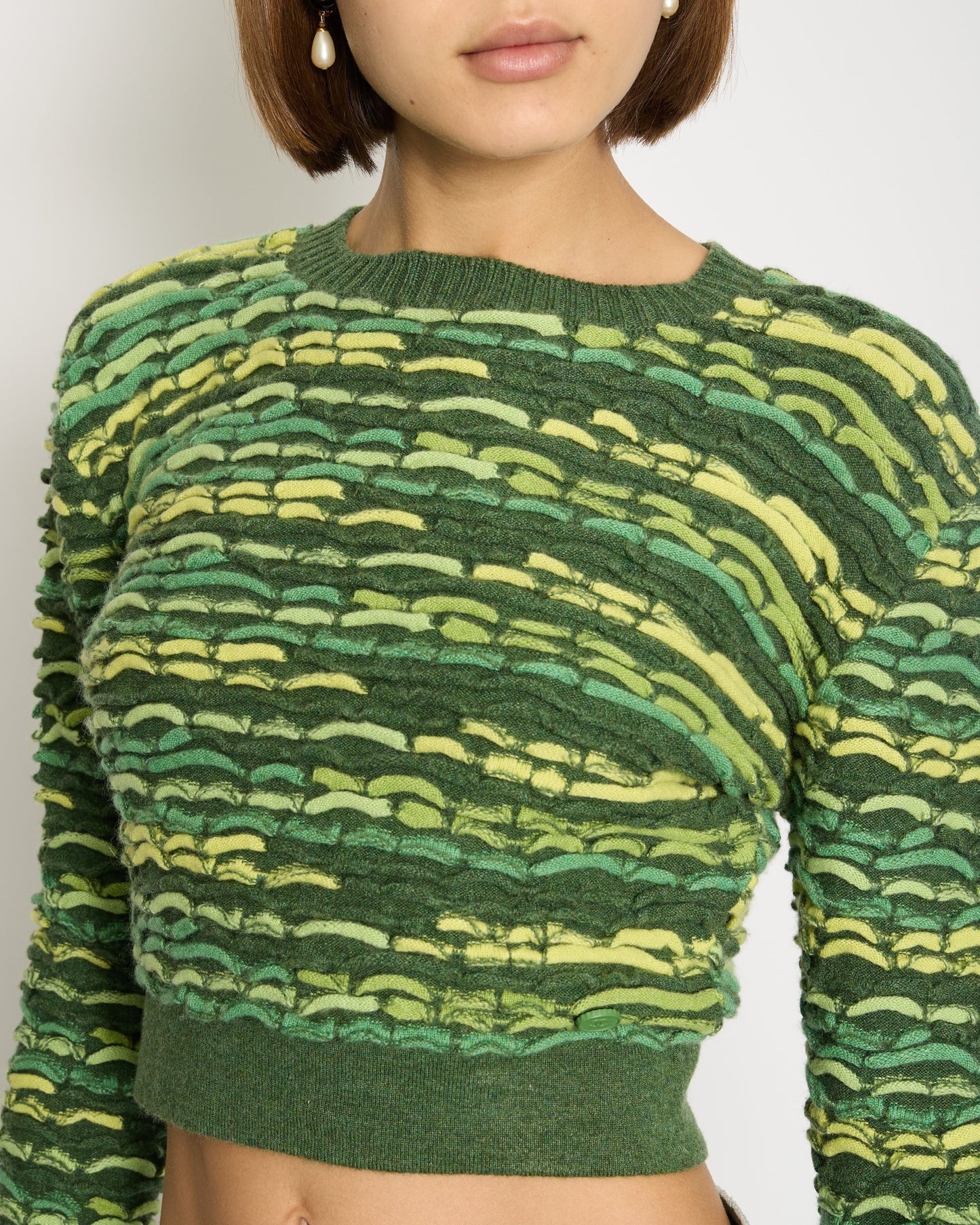 Chanel *Hot* 14K Green Cropped Jacquard Jumper With Cc Detail Size Fr 36 (Uk 8) Rrp £ Bag