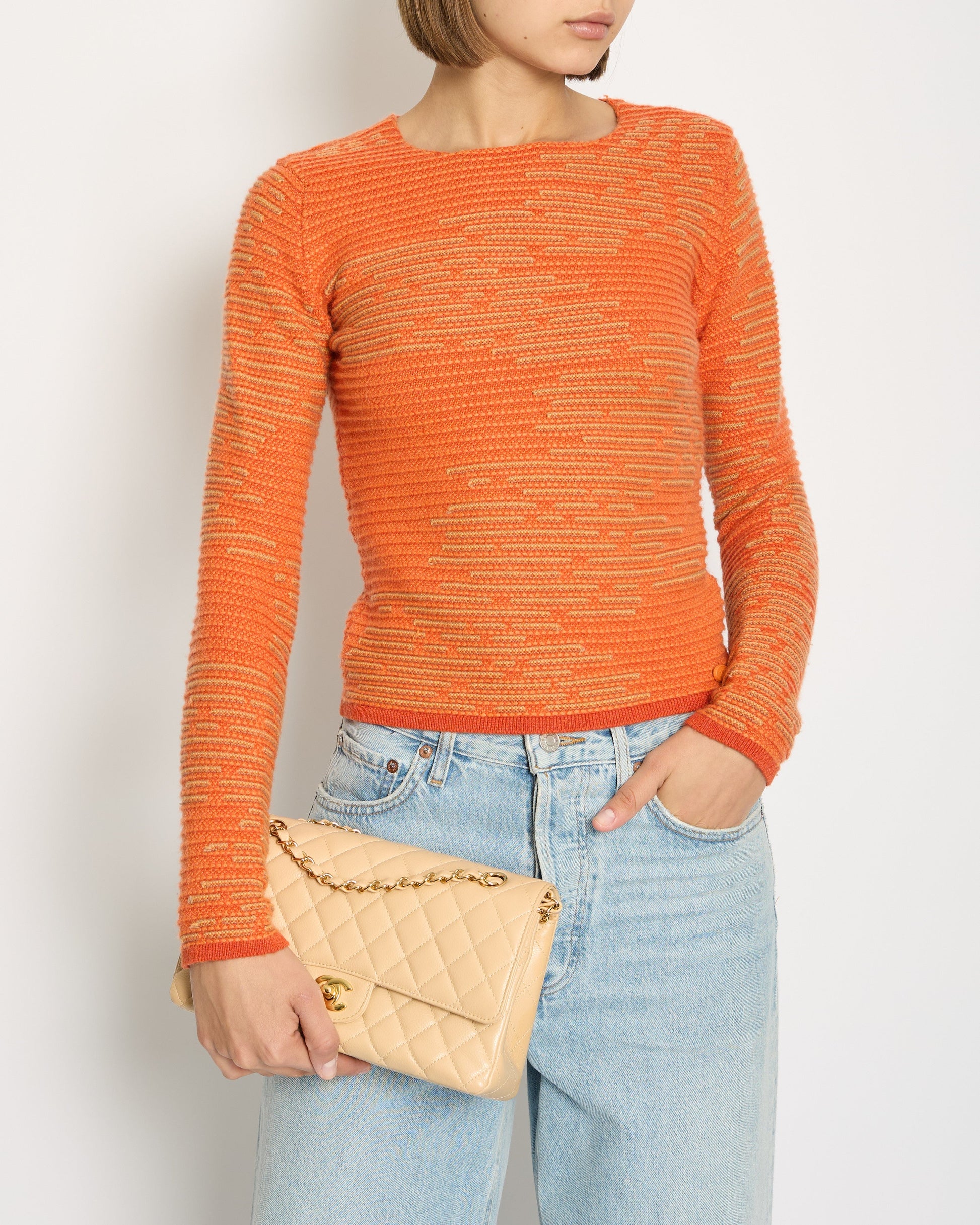 Chanel 14K Carrot Orange Cashmere Jacquard Jumper With Cc Detail Size Fr 34 (Uk 6) Rrp £ Bag