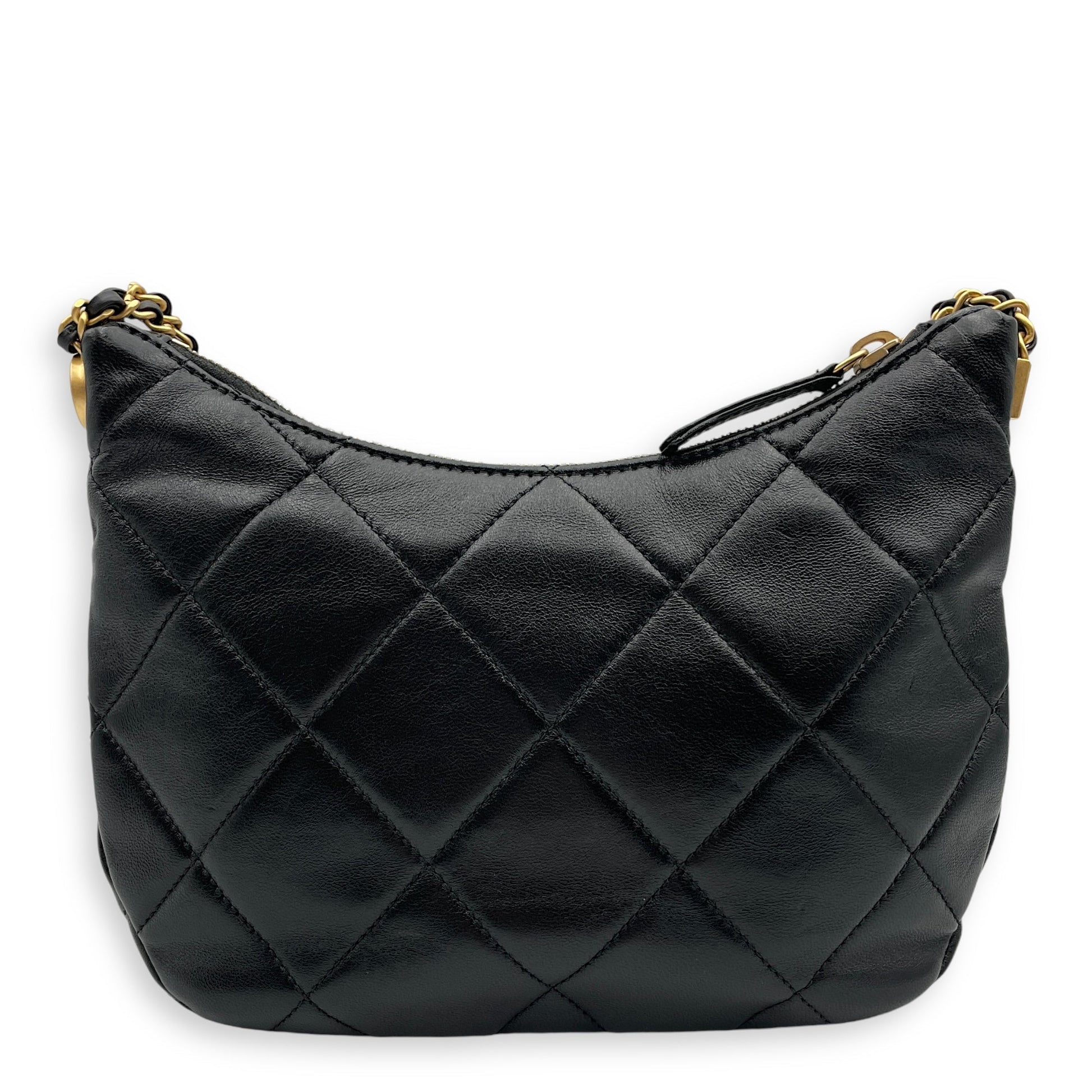 Seasonal Quilted Hobo with CHANEL Chain 22x15x6cm Black Shoulder Bag in Lambskin, Gold hardware