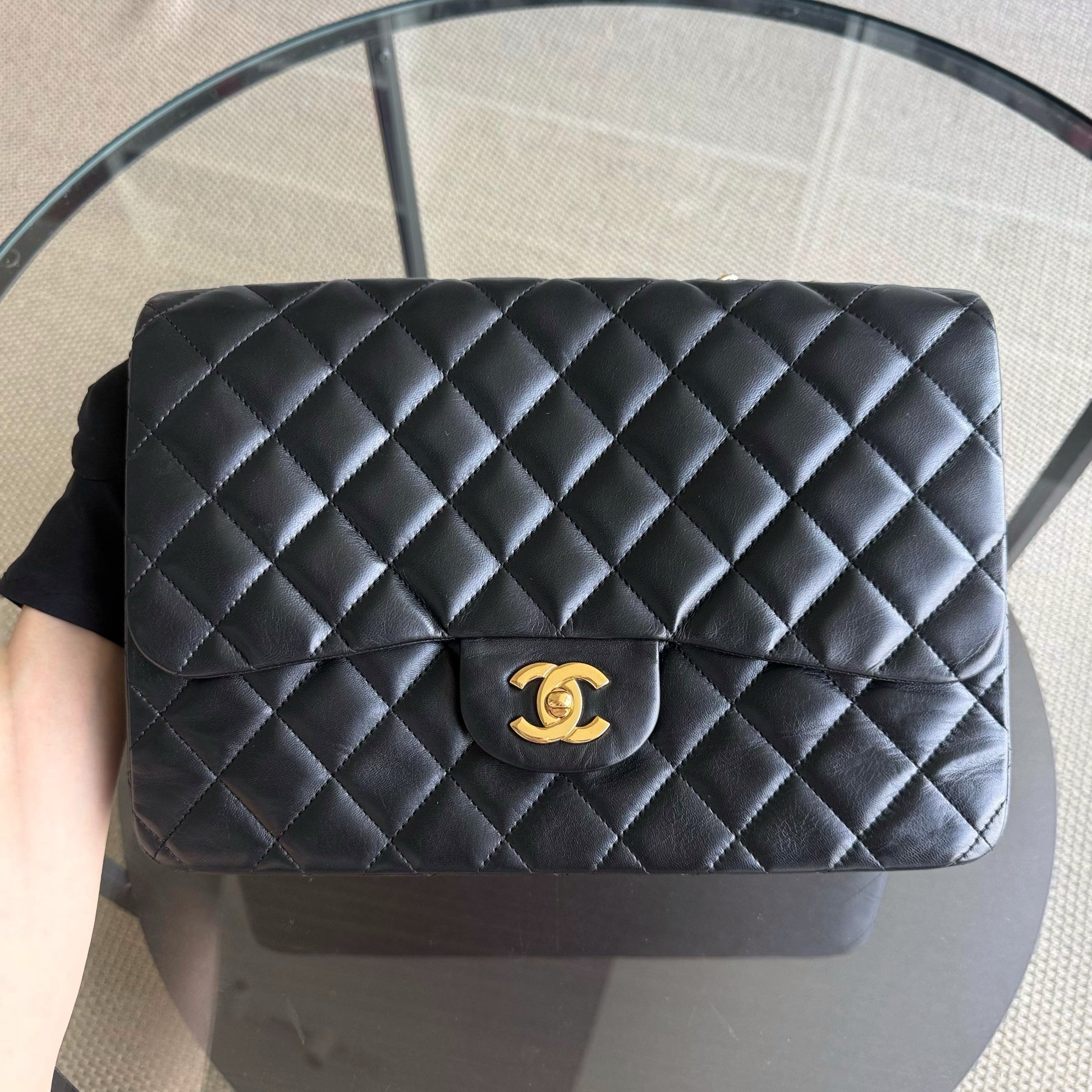 Chanel Classic Flap Jumbo - 30CM Single Flap Quilted Lambskin Black Gold Hardware
