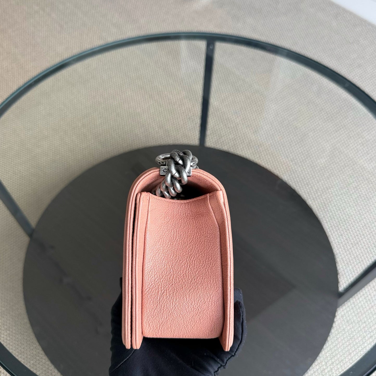 Chanel Boy Medium - Caviar 25CM Quilted Grained Calfskin Nude Blush Caramel Ruthenium Silver Hardware Series 26