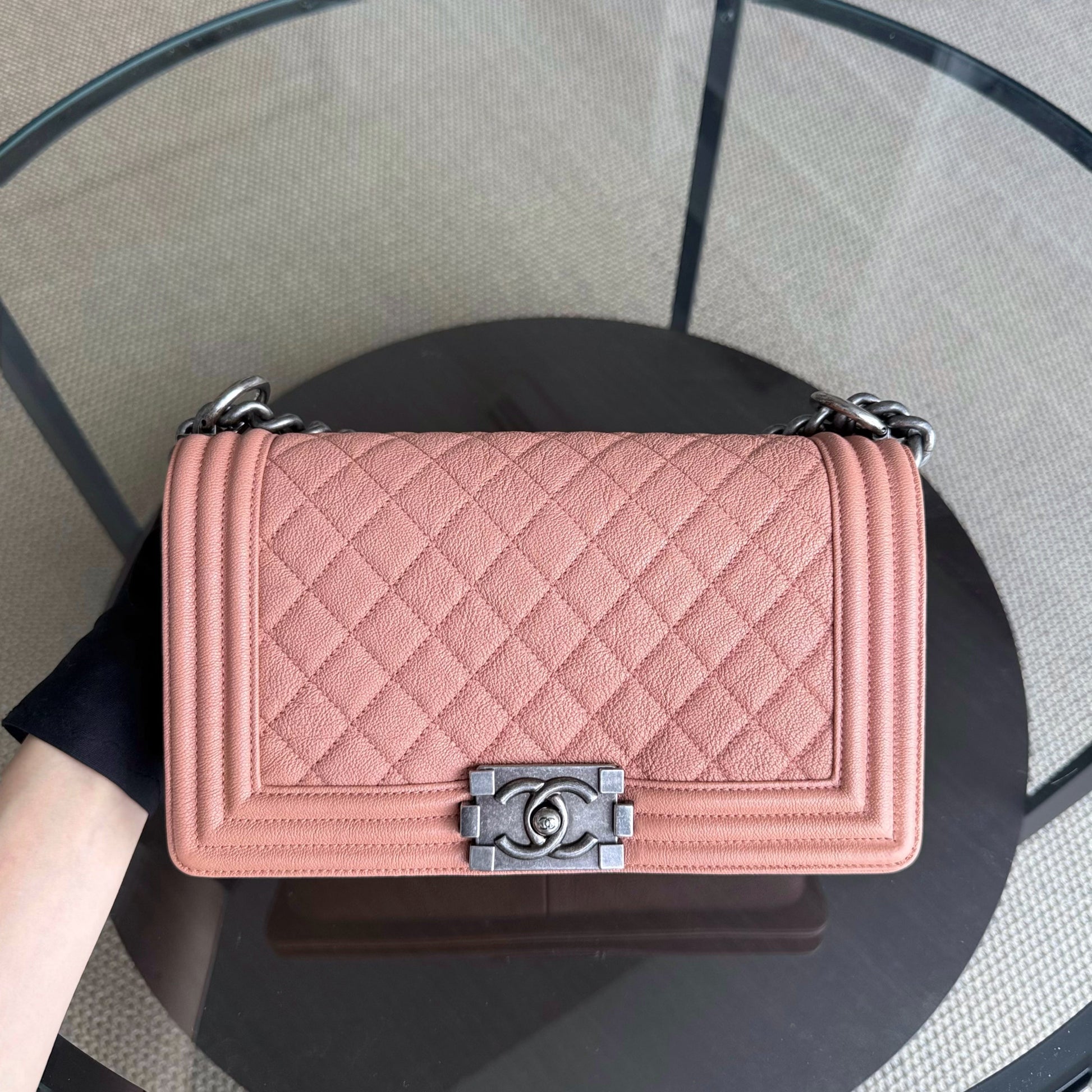Chanel Boy Medium - Caviar 25CM Quilted Grained Calfskin Nude Blush Caramel Ruthenium Silver Hardware Series 26