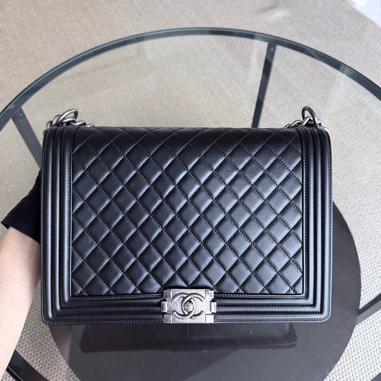 Chanel Boy Large - 30CM Quilted Lambskin Large Black Ruthenium Silver Hardware Series 16
