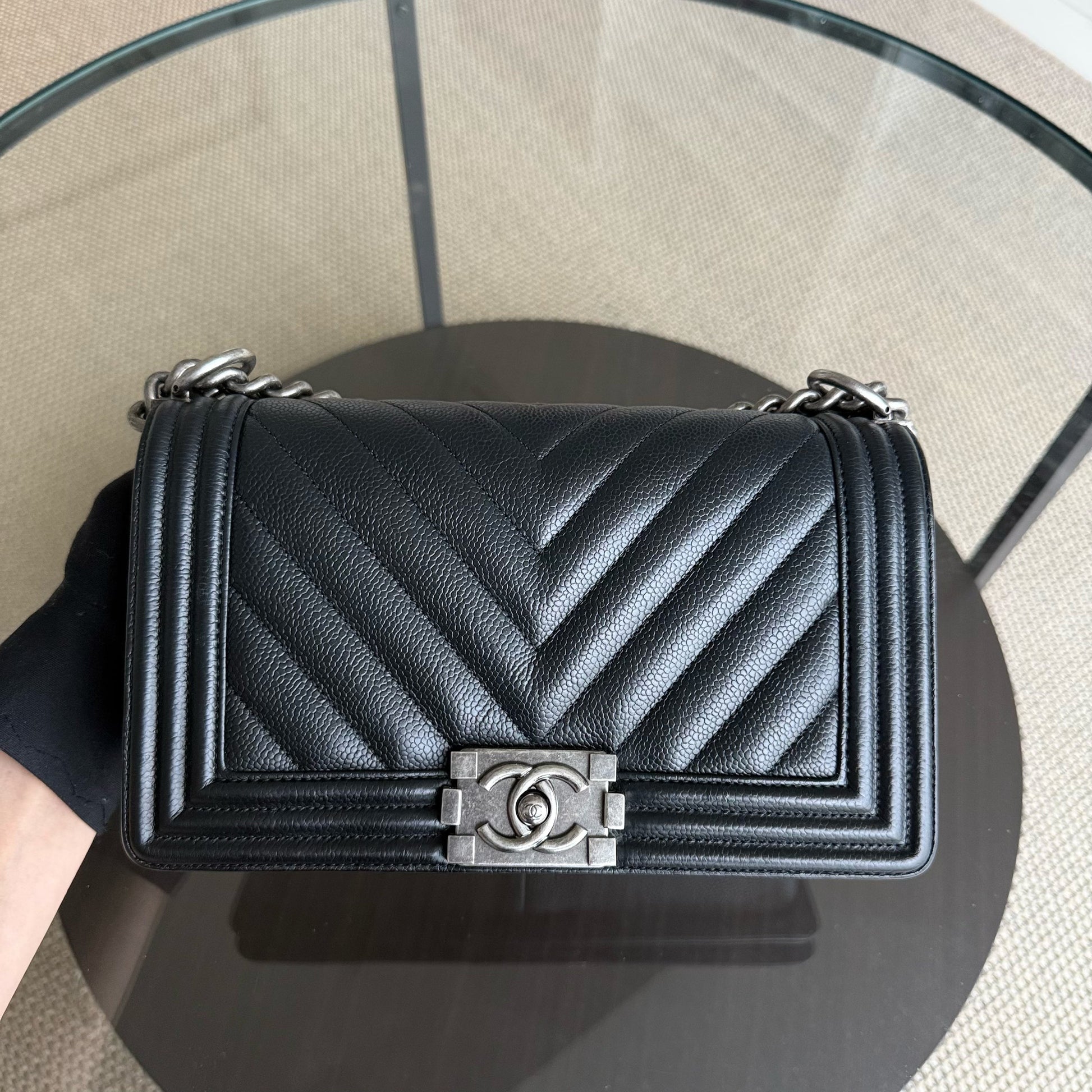 Chanel Boy Medium - Caviar 25CM Grained Calfskin Chevron Black Ruthenium Silver Hardware Series 28