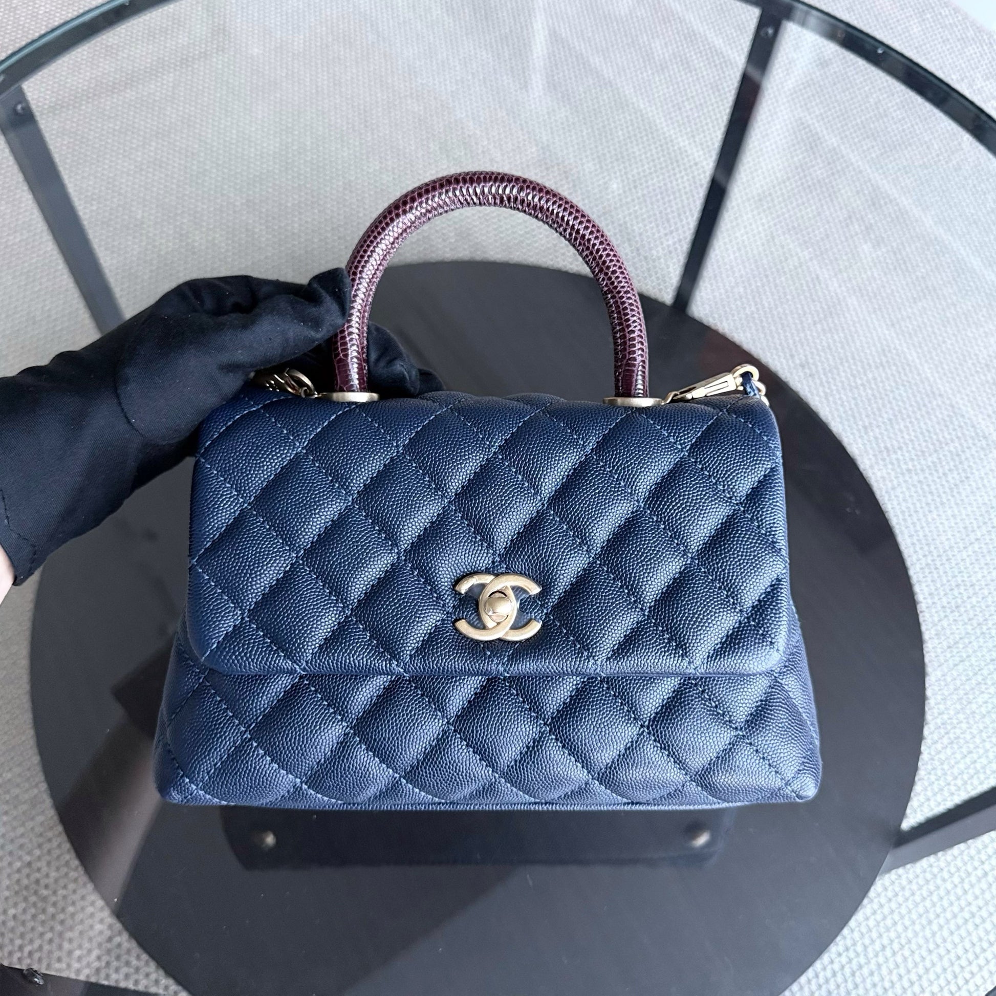 Chanel Coco Handle Small - Caviar Quilted Grained Calfskin Dark Navy Blue Lizard Handle Gold Hardware Series 24