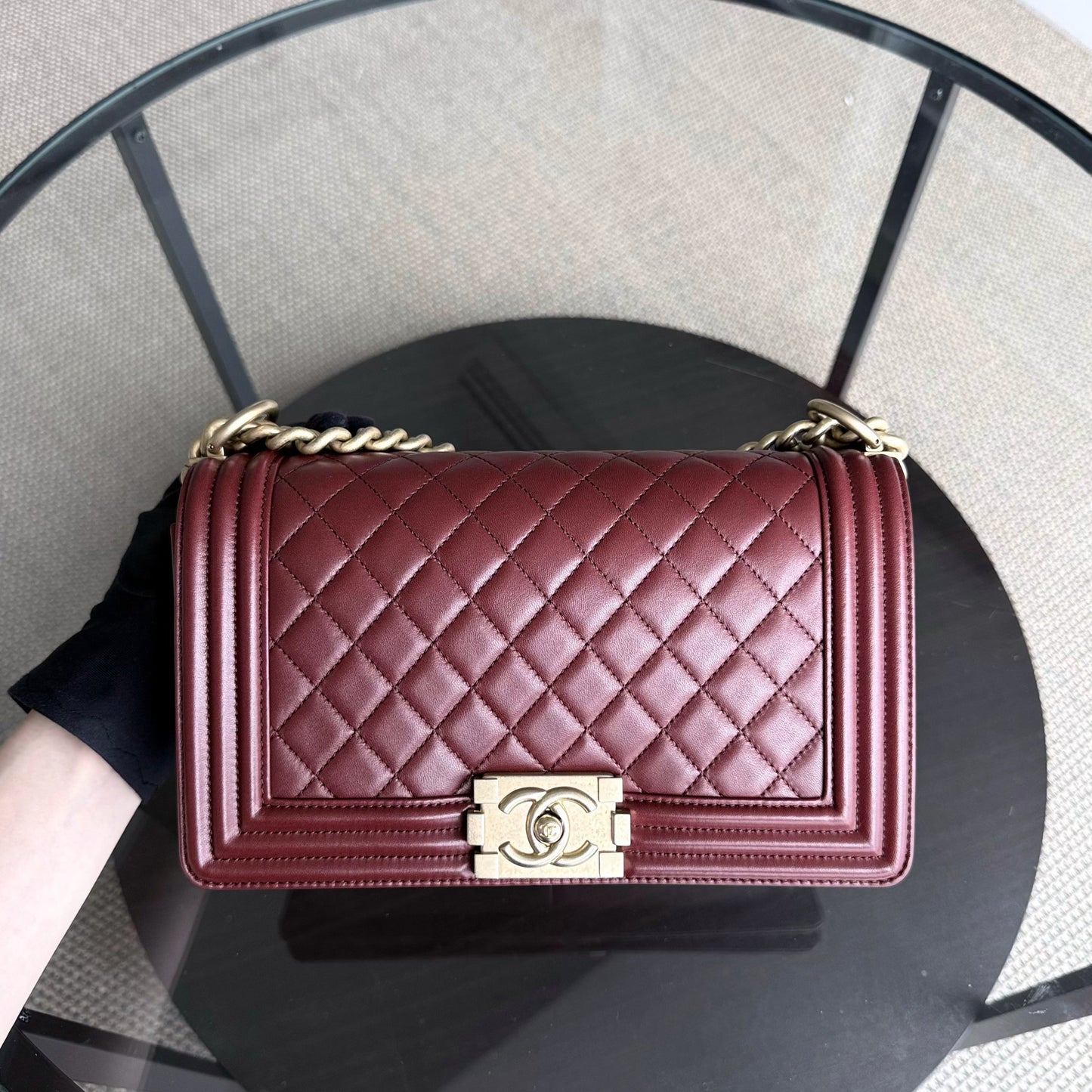 Chanel Boy Medium - 25CM Quilted Lambskin Dark Red Burgundy Gold Hardware Series 24