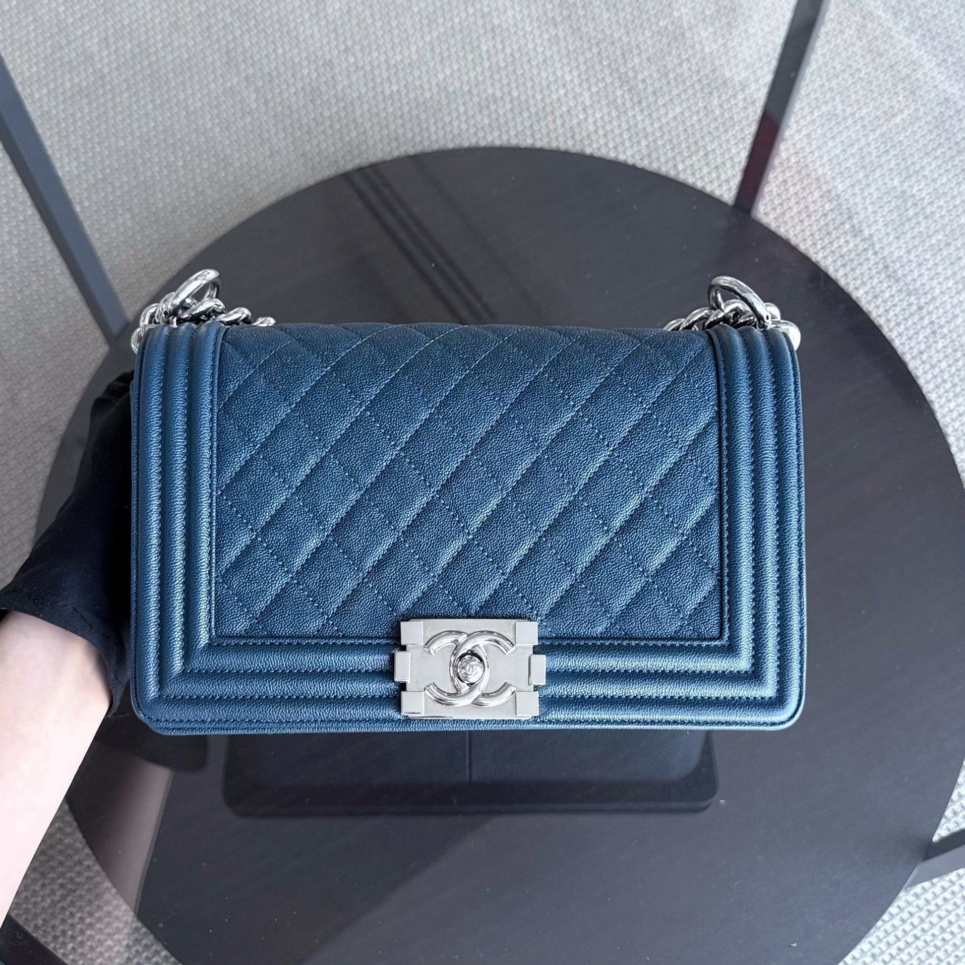 Chanel Boy Medium - Caviar 25CM Quilted Grained Calfskin Blue Silver Hardware Series 28