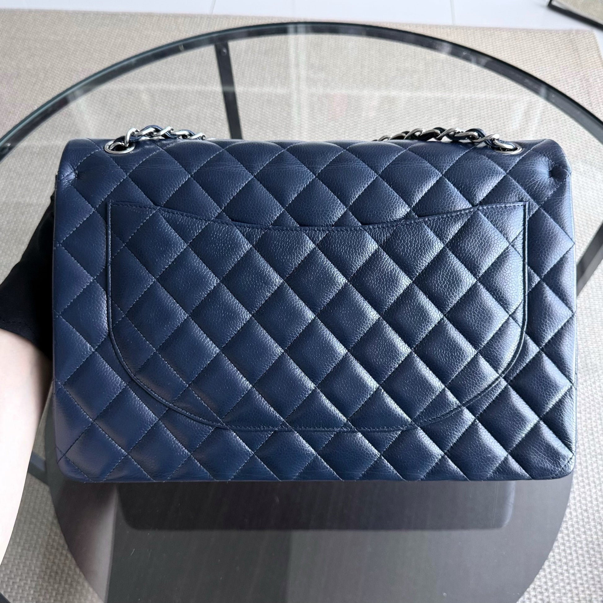Chanel Classic Flap Maxi - Caviar Double Flap Quilted Grained Calfskin Dark Navy Blue Silver Hardware Series 15