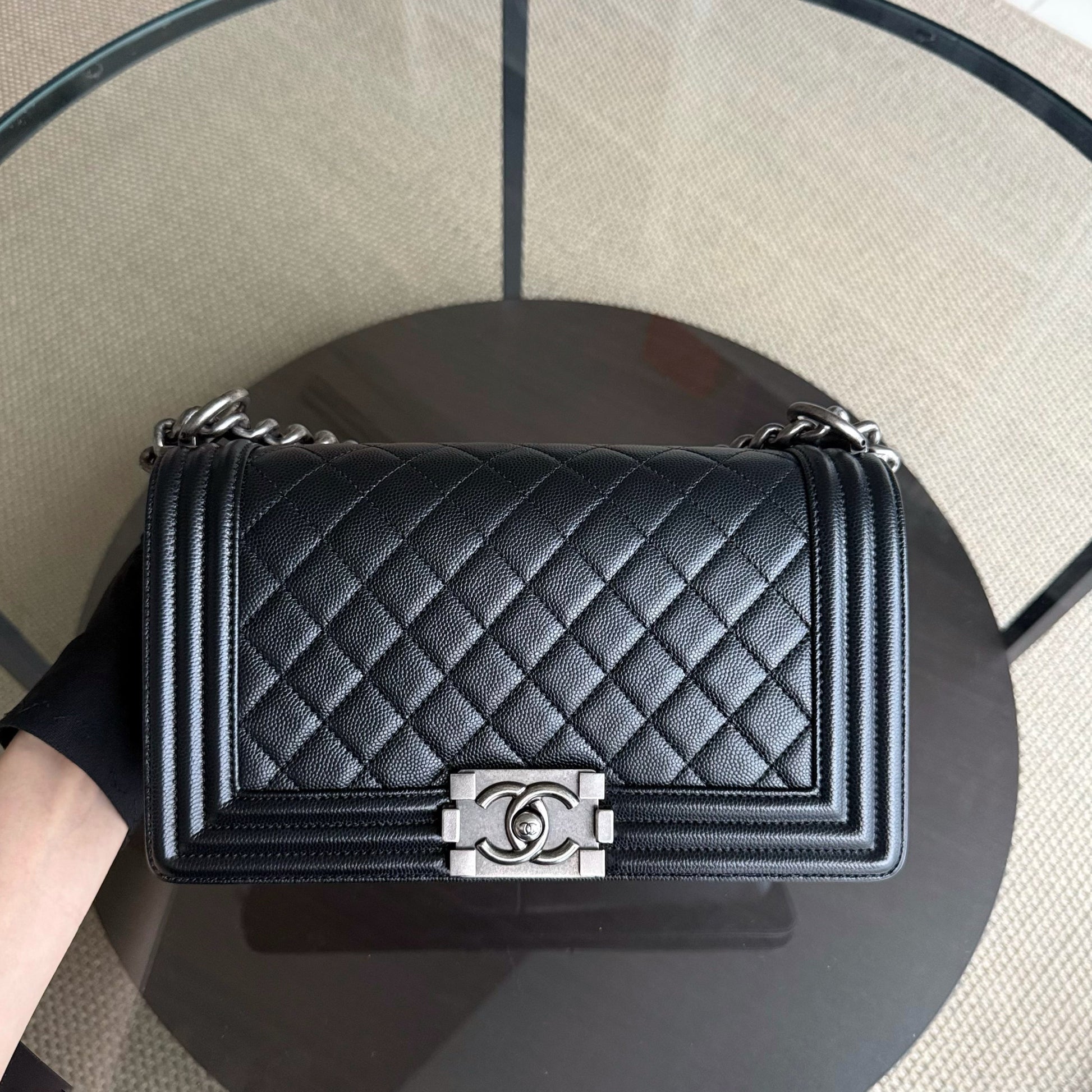 Chanel Boy Medium - Caviar 25CM Quilted Grained Calfskin Black Ruthenium Silver Hardware Series 20