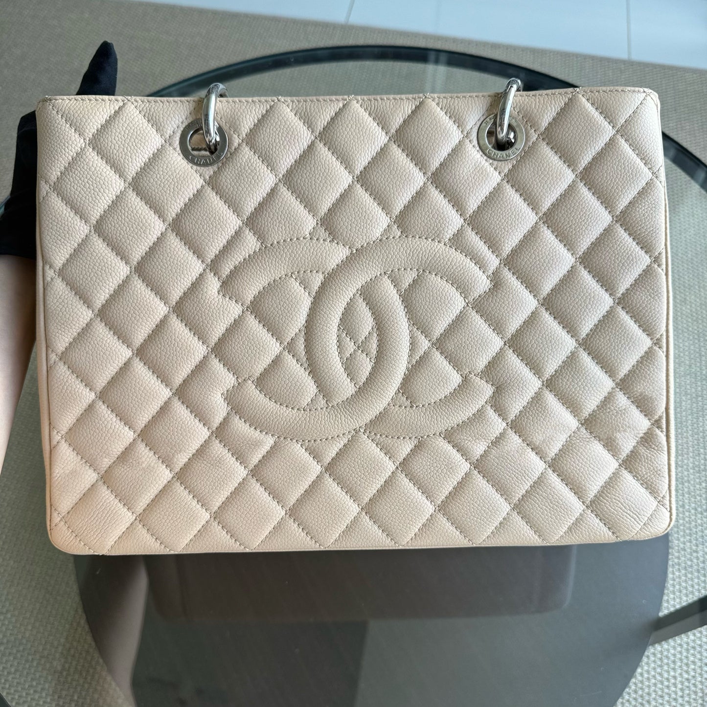 Chanel GST Grand Shopping Tote - Caviar Grained Quilted Beige Tote Bag