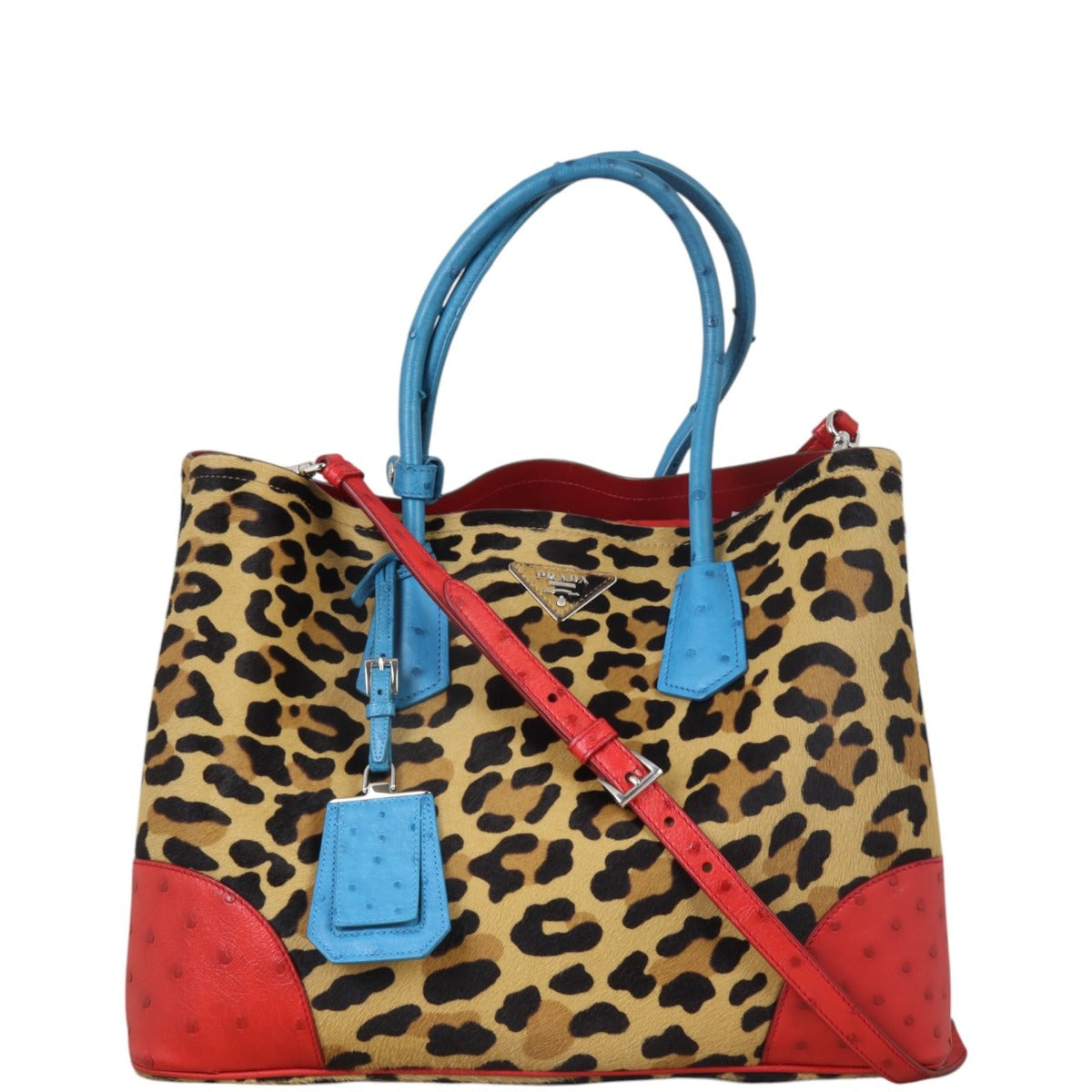 Prada Calf Hair Ostrich Leopard Double Bag Large Travel Bag