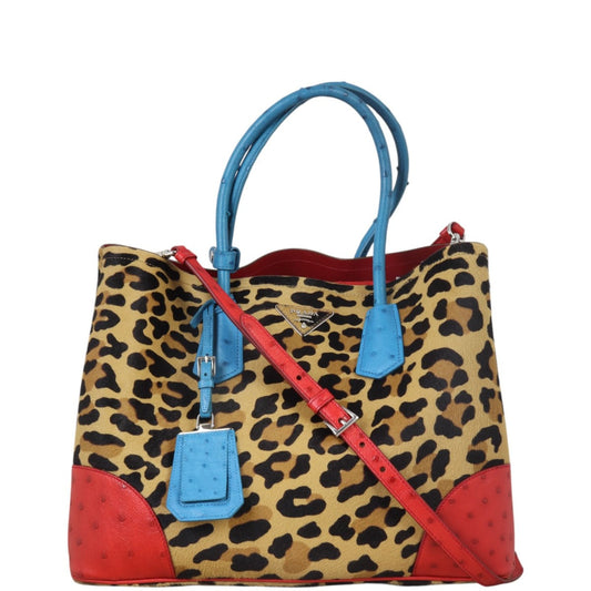 Prada Calf Hair Ostrich Leopard Double Bag Large Travel Bag