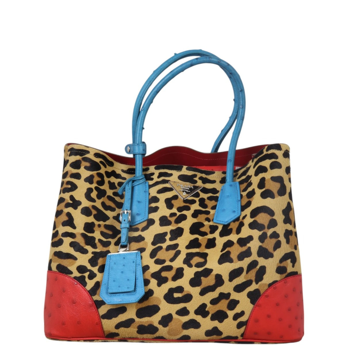 Prada Calf Hair Ostrich Leopard Double Bag Large Travel Bag