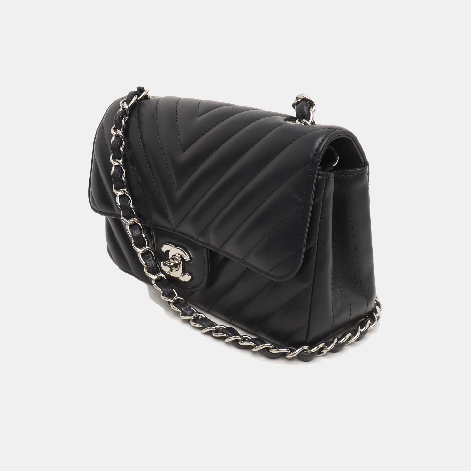 Chanel Classic Flap Chevron Quilted Lambskin Hardware Black Silver Mini Bag