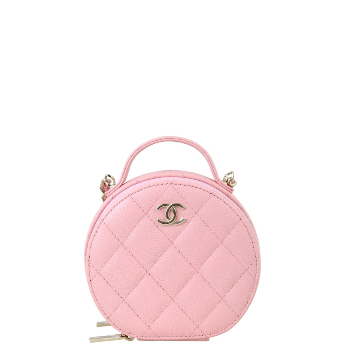 Chanel CC Top Handle Round Zipped Pouch on Quilted Pink Mini Bag