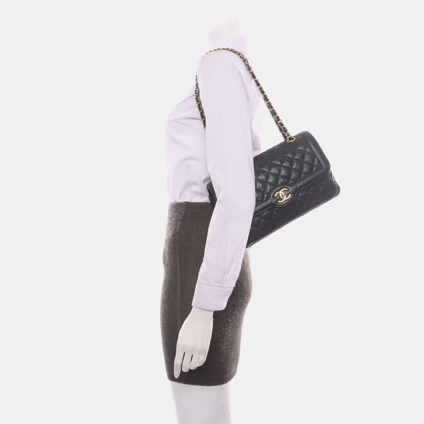 Chanel Classic Flap Caviar Hardware Black Gold Leather Handbag