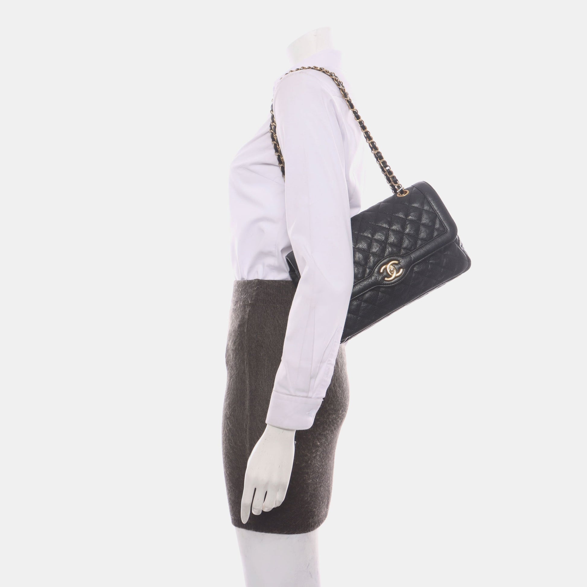 Chanel Classic Flap Caviar Hardware Black Gold Leather Handbag