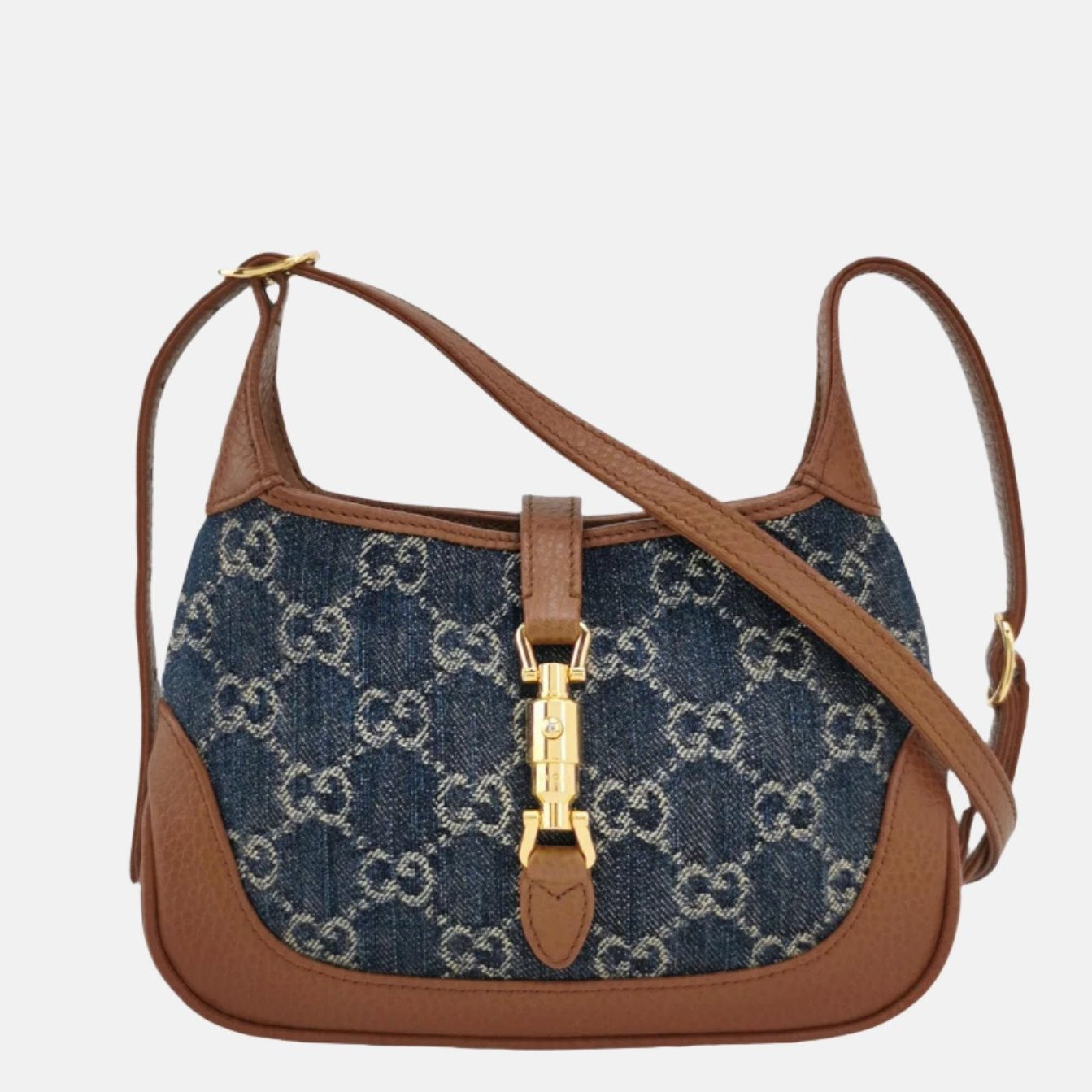 Gucci Jackie Blue Monogram Leather Denim Brown Travel Bag