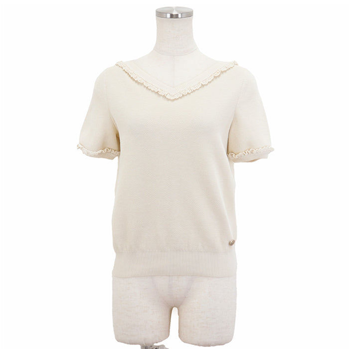 Chanel V-Neck Frill Knit Top Ivory Bag