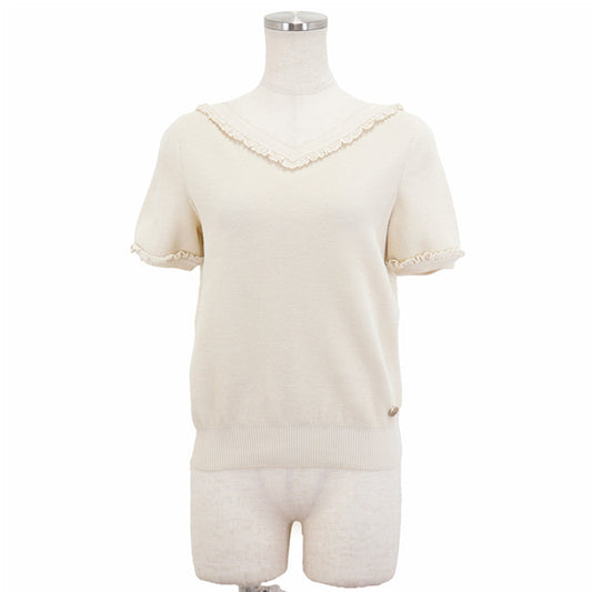 Chanel V-Neck Frill Knit Top Ivory Bag