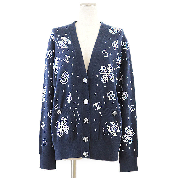 Chanel Knit Cardigan P74636 Navy White Bag
