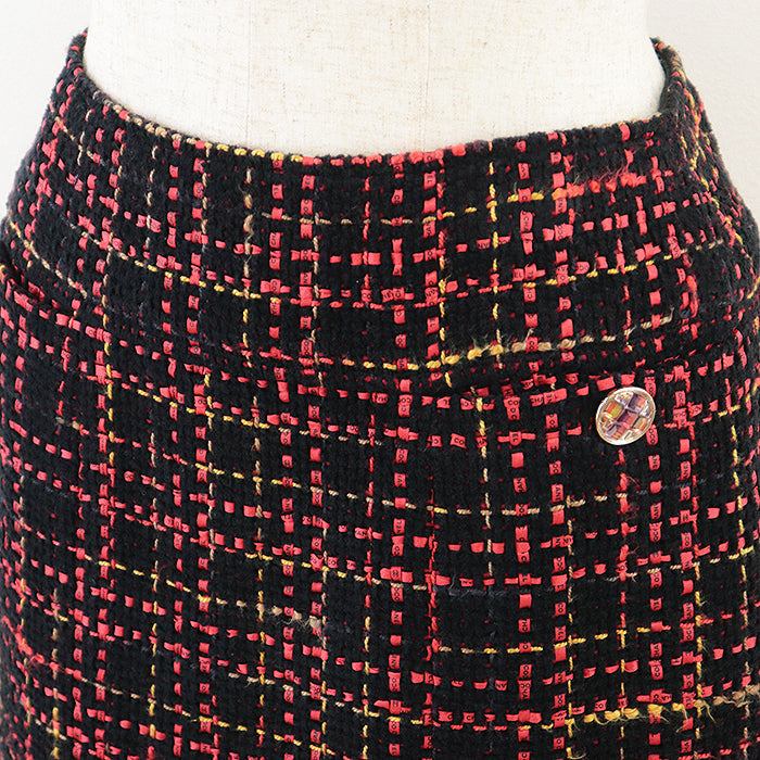 Chanel Tweed Skirt P73177, Crystal Button, Check Pattern, Black/Red/Mustard
