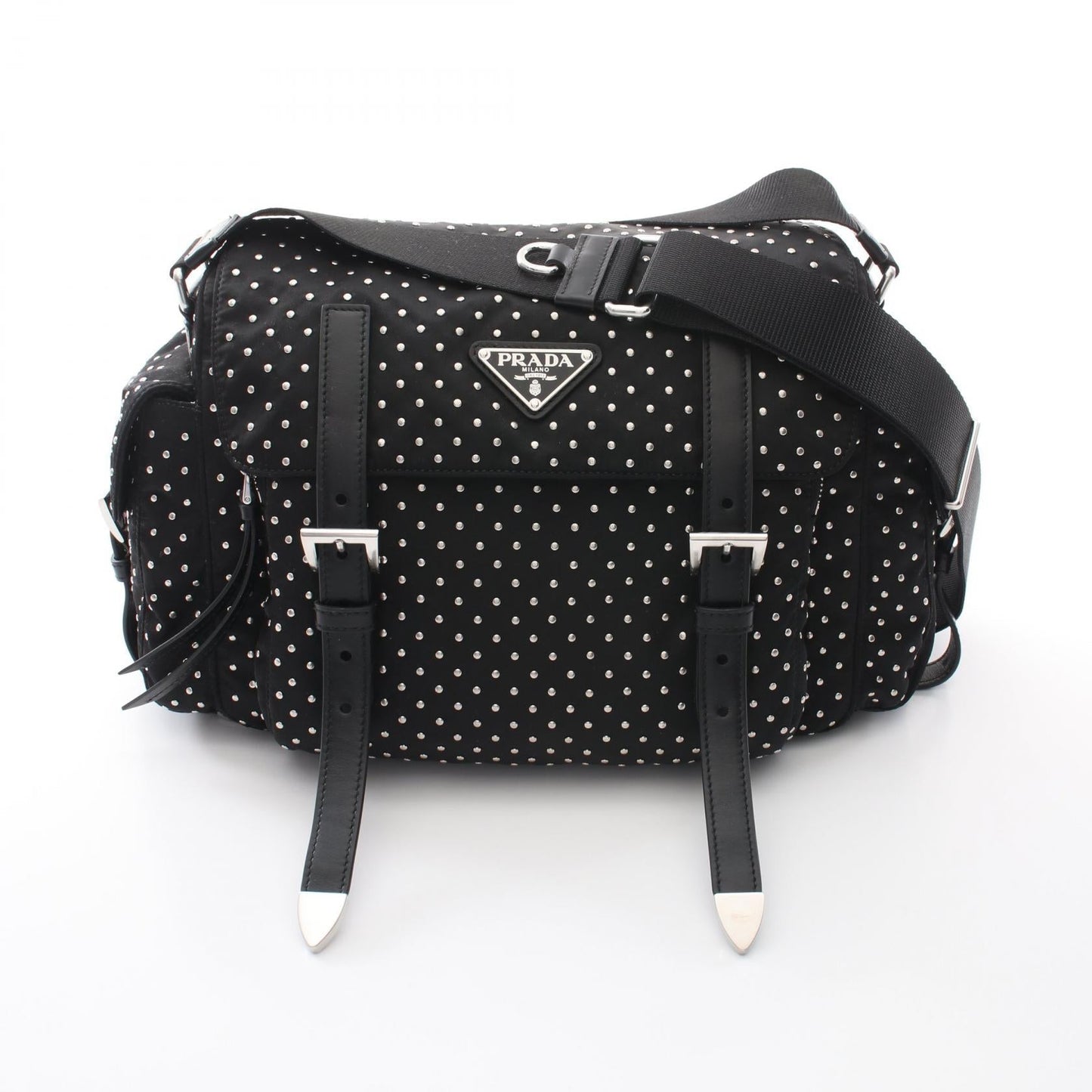 Prada Studs Shoulder Bag Leather Nylon