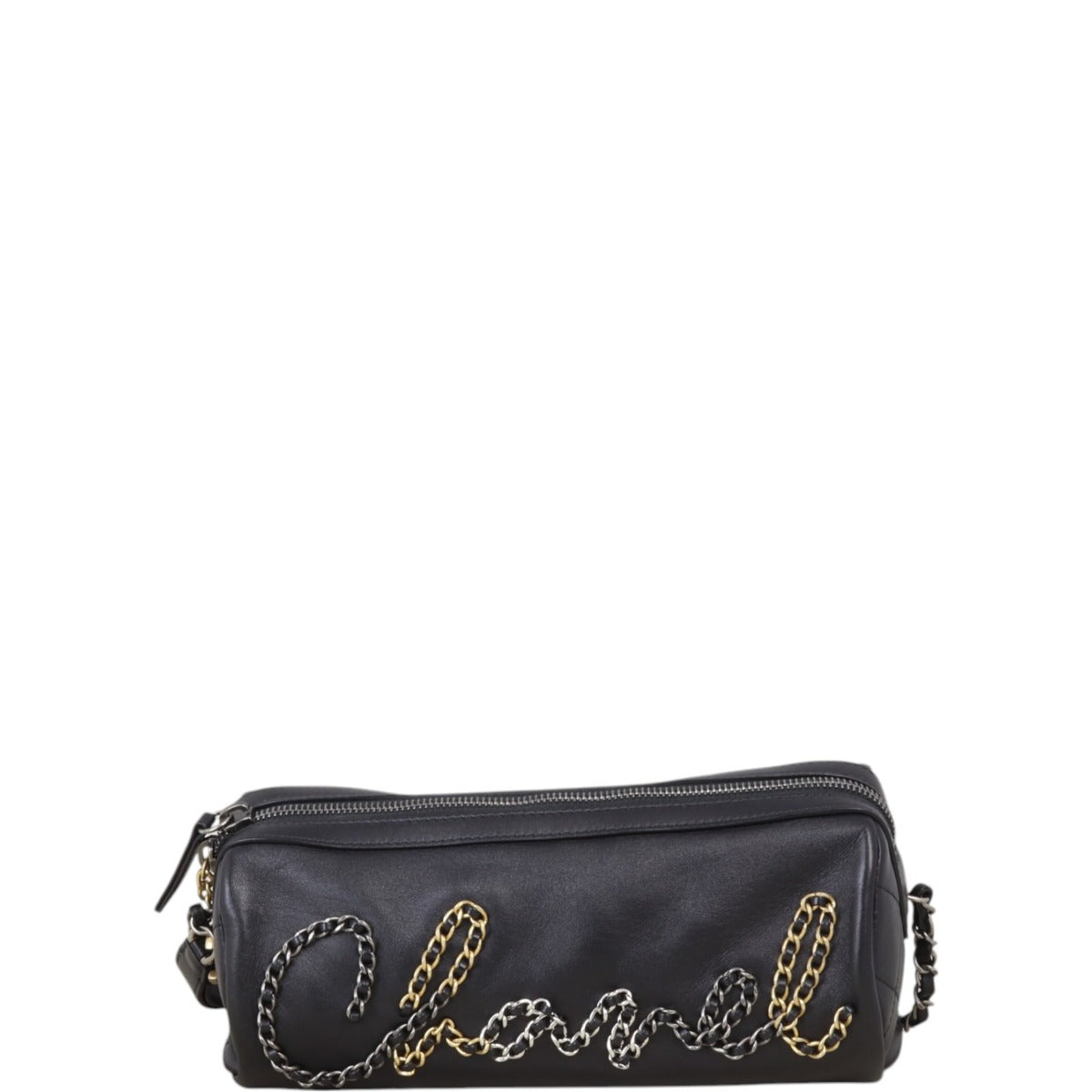 Chanel Signature Written in Chain Bowling Bag Quilted Black Crossbody Bag