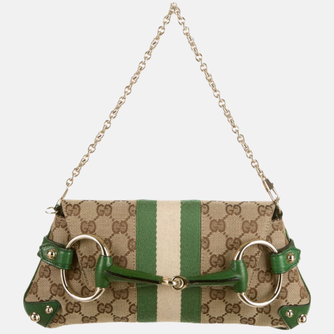 Gucci Horsebit Chain Studs Monogram Leather Green Gold Handbag Gold Studs