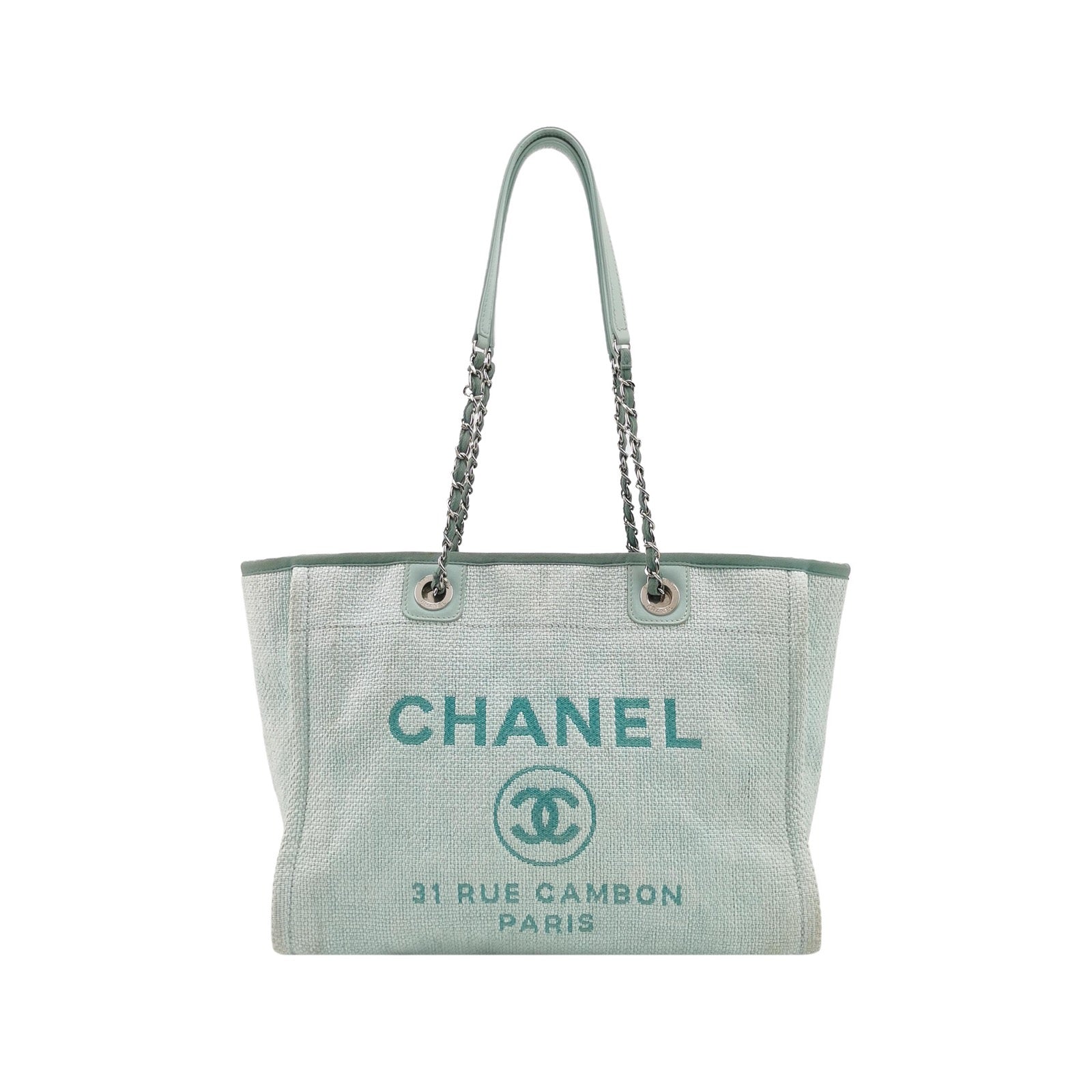 Chanel Deauville Light Cloth Handle 34cm Blue Small Leather Tote Bag