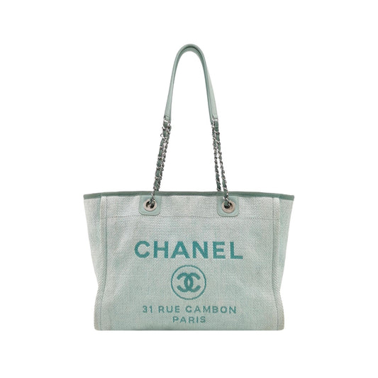 Chanel Deauville Light Cloth Handle 34cm Blue Small Leather Tote Bag