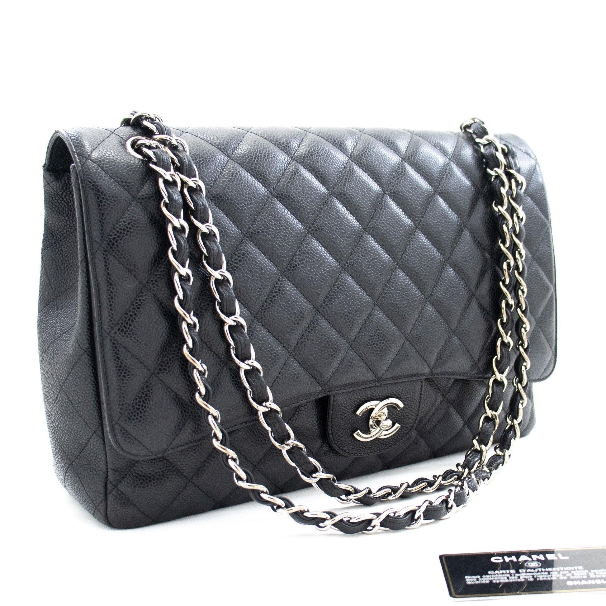 CHANEL Caviar Grained Calfskin Flap Chain Shoulder Bag Black 13"