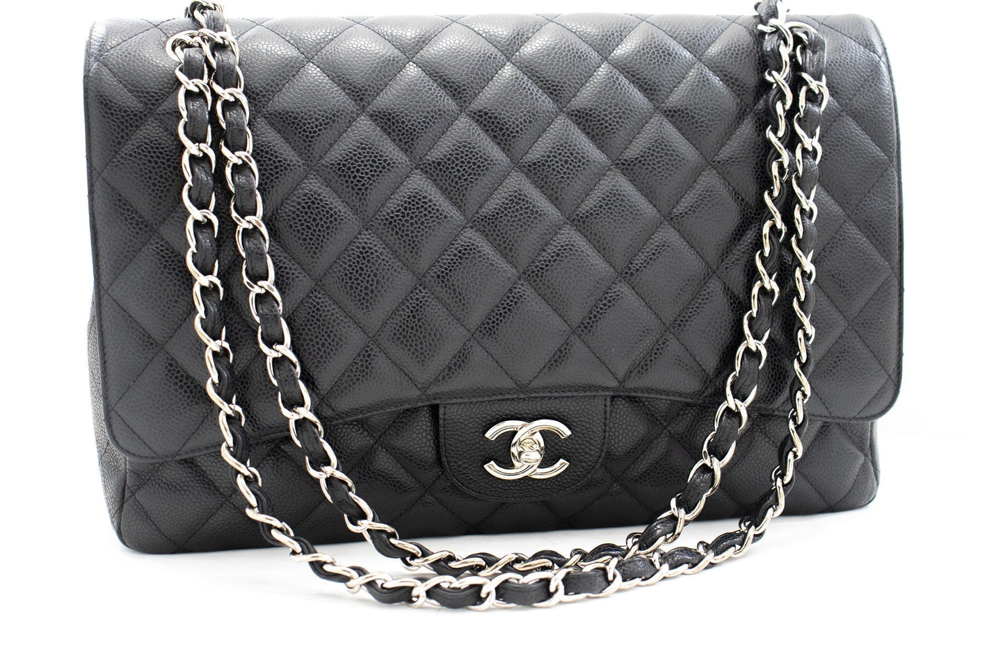CHANEL Caviar Grained Calfskin Flap Chain Shoulder Bag Black 13"